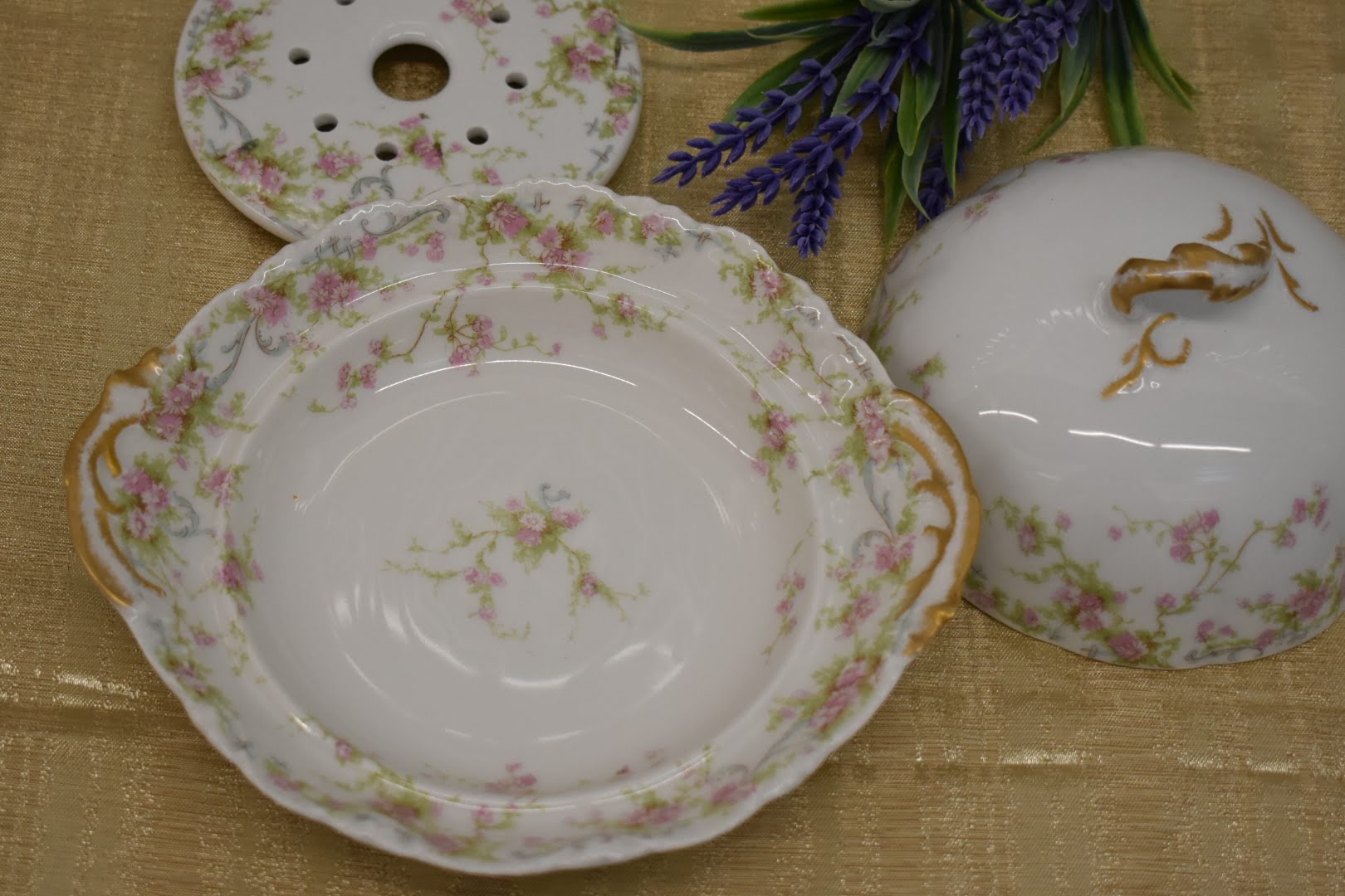 Limoges Theodore Haviland Porcelain Fine China - Mid Century - Butter Dish - Pink Green Floral Pattern - From France - Gold Trim