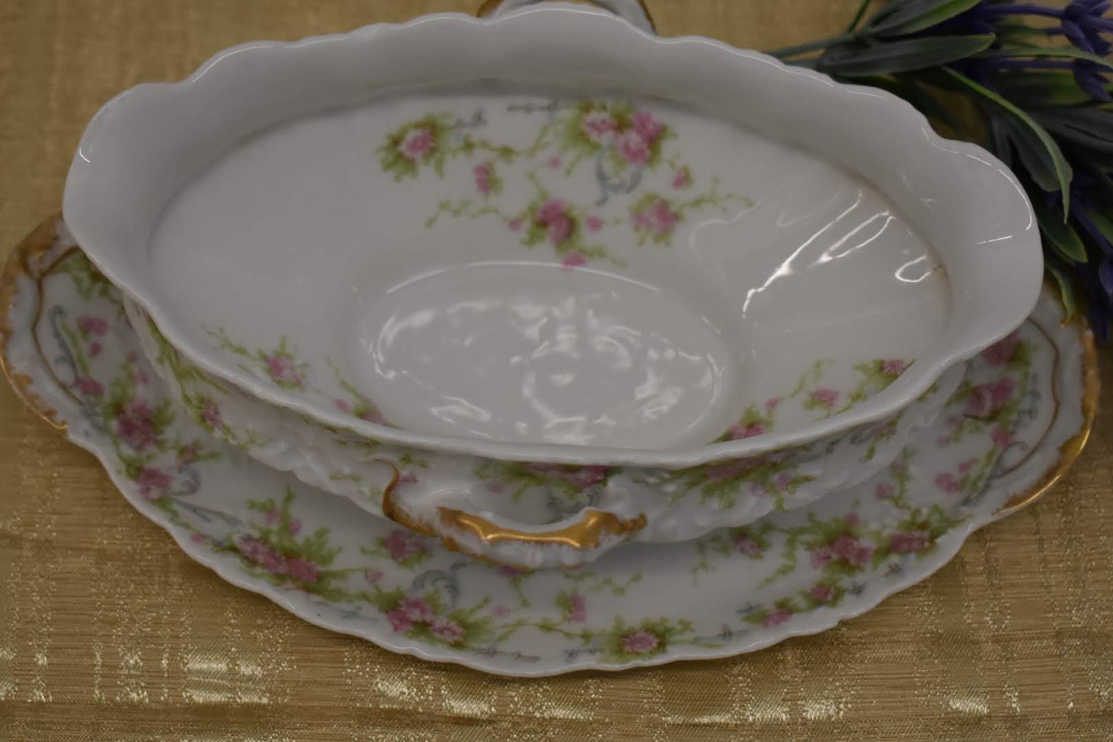 Limoges Theodore Haviland - Fine Porcelain China - Gravy Bowl And Plate- Pink Green Floral Pattern - From France - Gold Trim