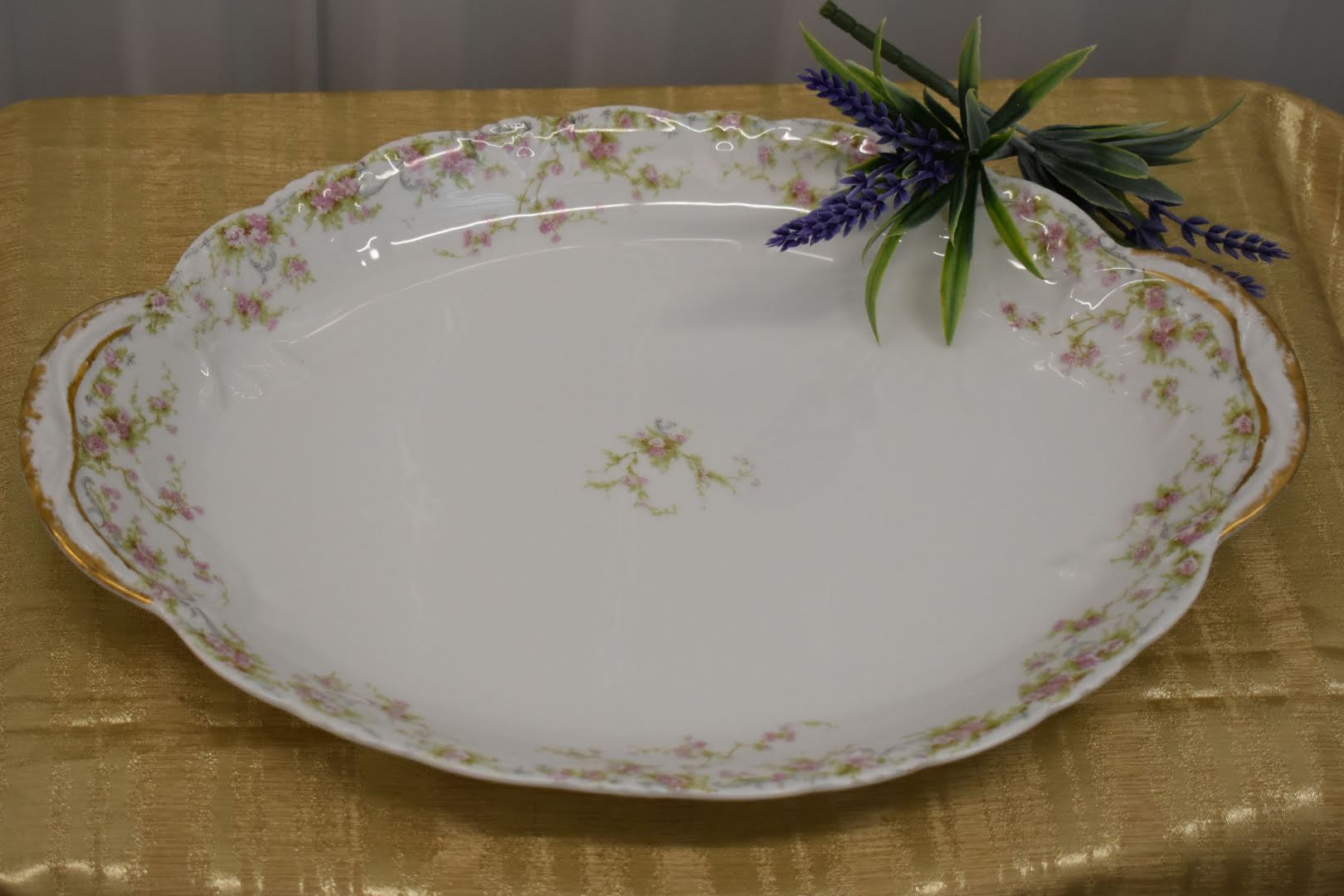 Limoges Theodore Haviland Fine Porcelain China - Mid Century Oval Platter - Pink Green Floral Pattern - From France - Gold Trim