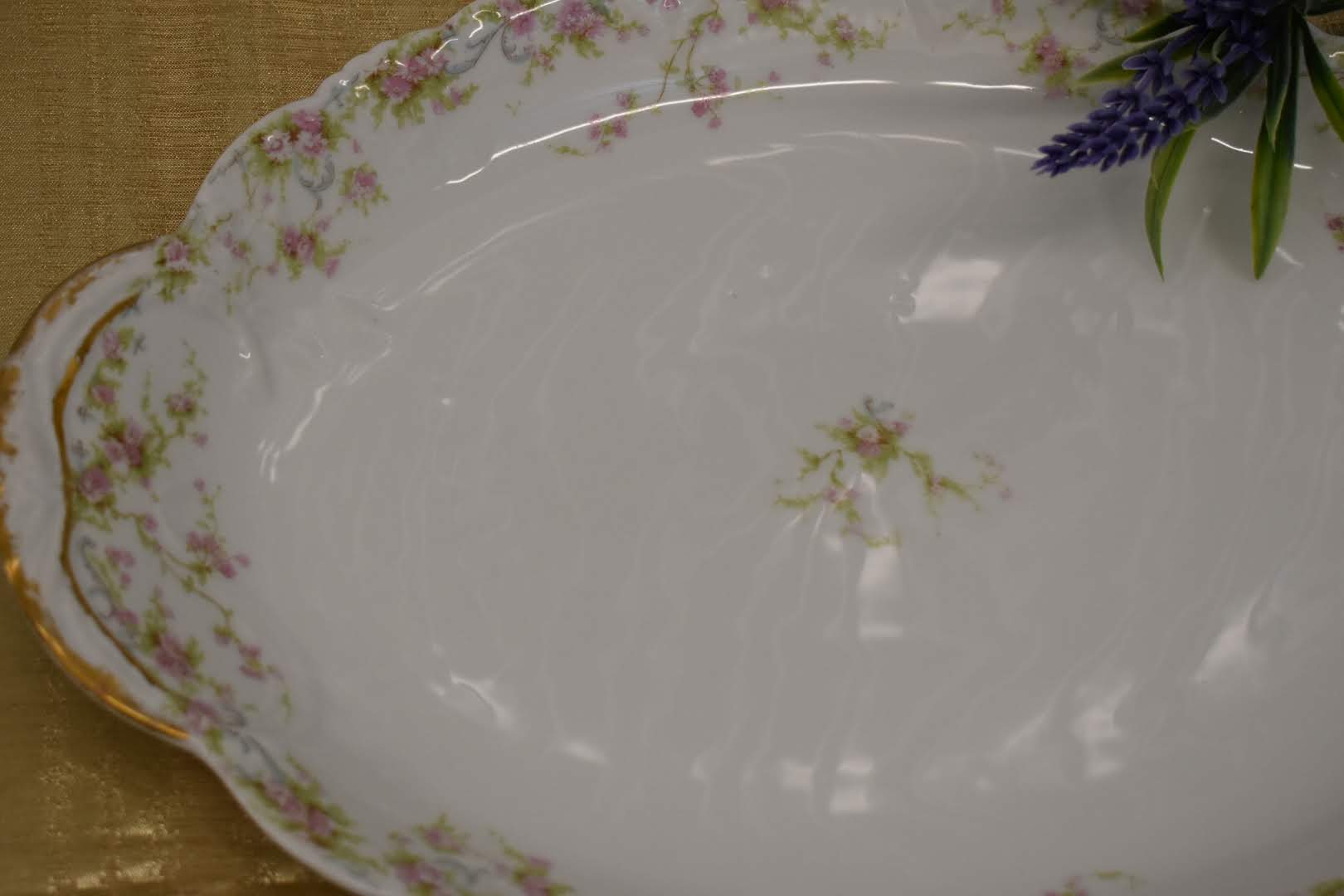 Limoges Theodore Haviland Fine Porcelain China - Mid Century Oval Platter - Pink Green Floral Pattern - From France - Gold Trim