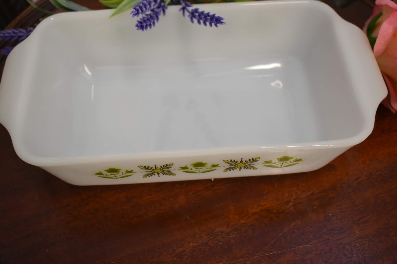 White Glass - Mid Century Pyrex Casserole- Rectangle Shape - Green Color Floral Pattern