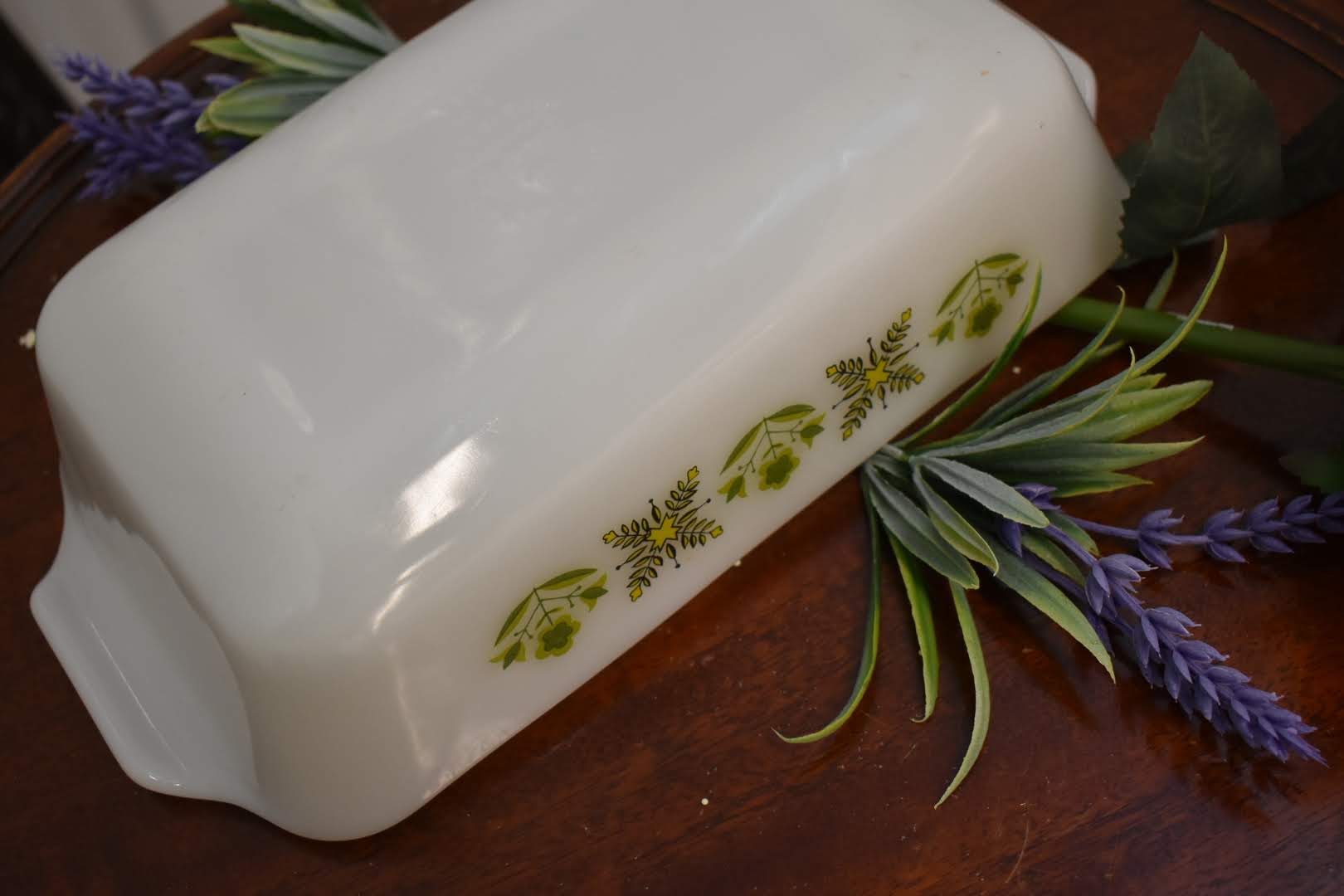 White Glass - Mid Century Pyrex Casserole- Rectangle Shape - Green Color Floral Pattern