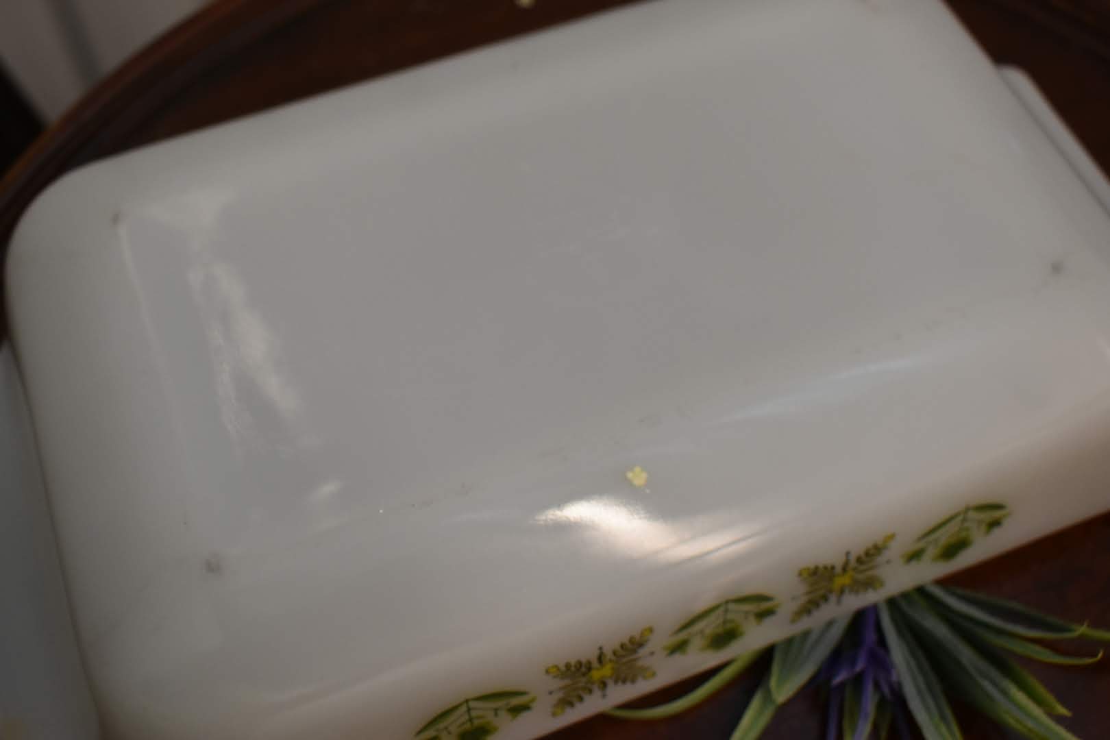 White Glass - Mid Century Pyrex Casserole - Rectangular Shape - Green Color Floral Pattern