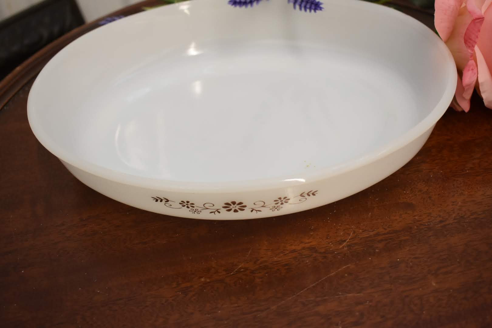 White Glass - Mid Century Pyrex Casserole - Oval Shape - Brown Color Floral Pattern