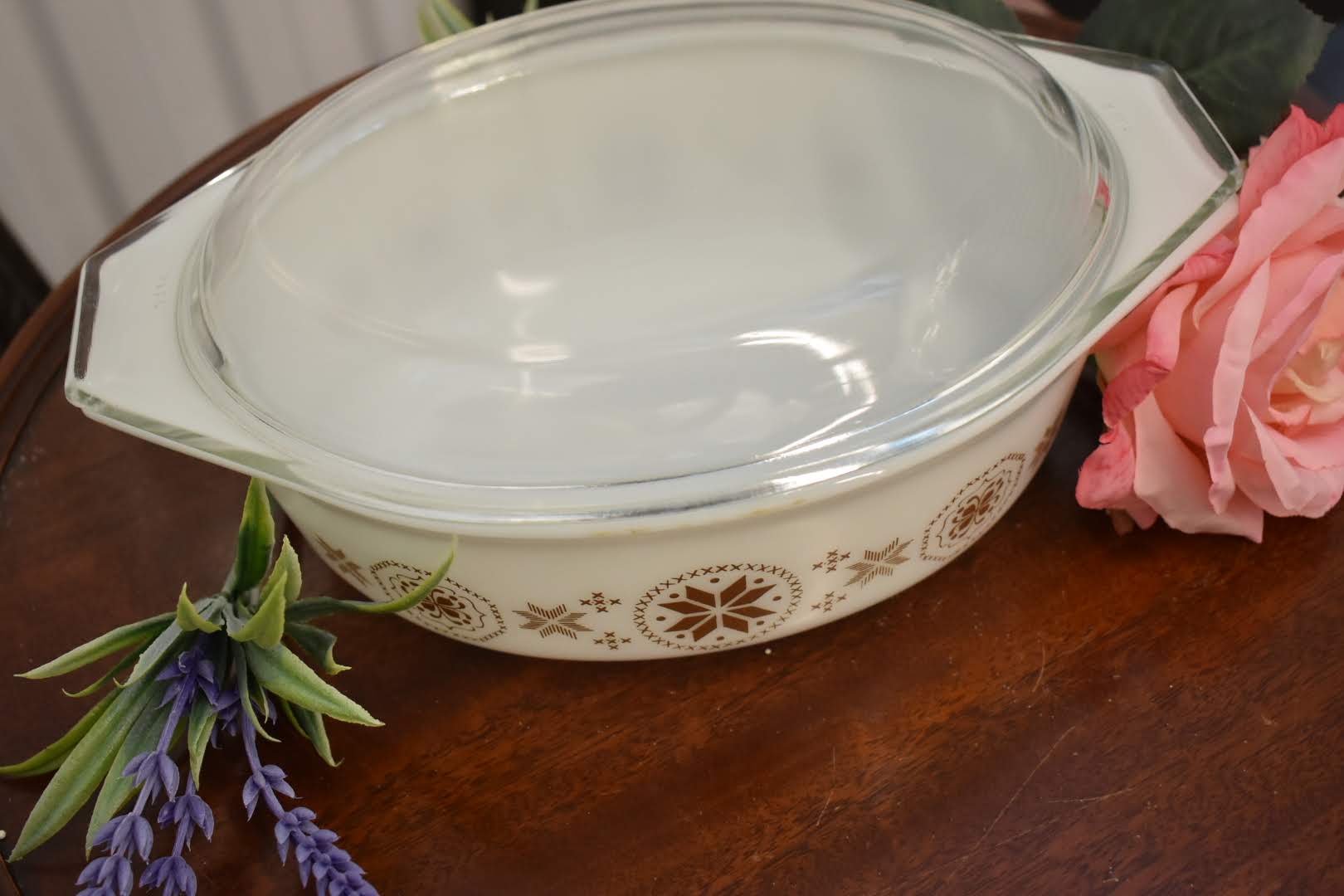White Glass - Mid Century Pyrex Casserole - Oval Shape with Lid - Brown Color Floral Pattern