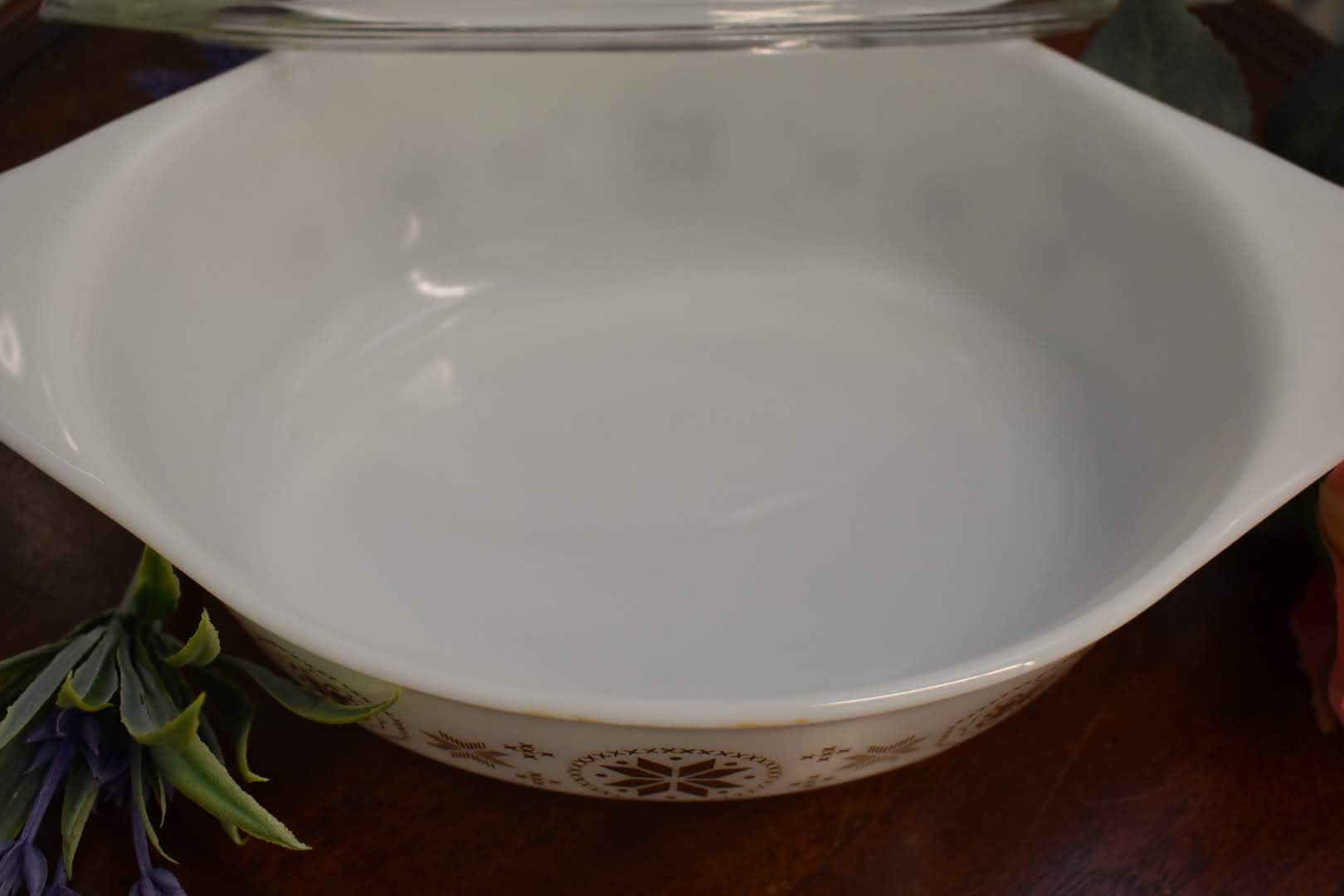 White Glass - Mid Century Pyrex Casserole - Oval Shape with Lid - Brown Color Floral Pattern