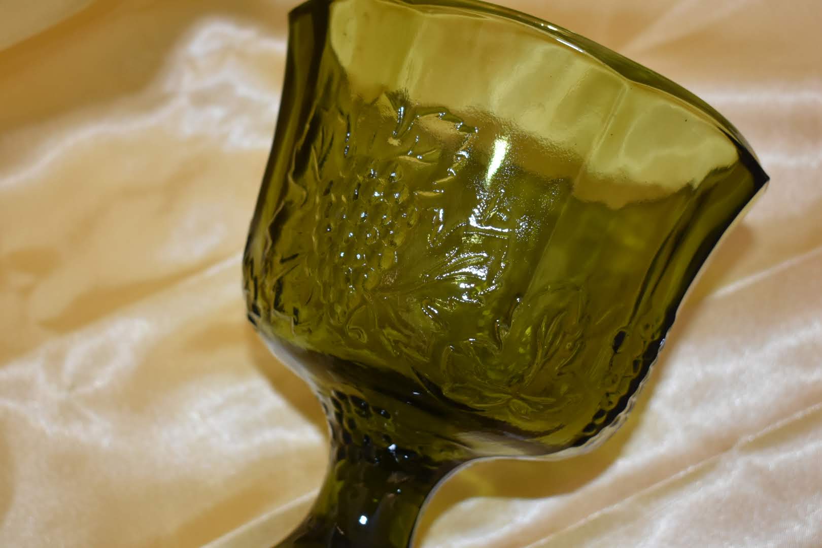 Crystal Mid Century Glass - Green Color - Grape Emboss Pattern - Pedestal Bowl