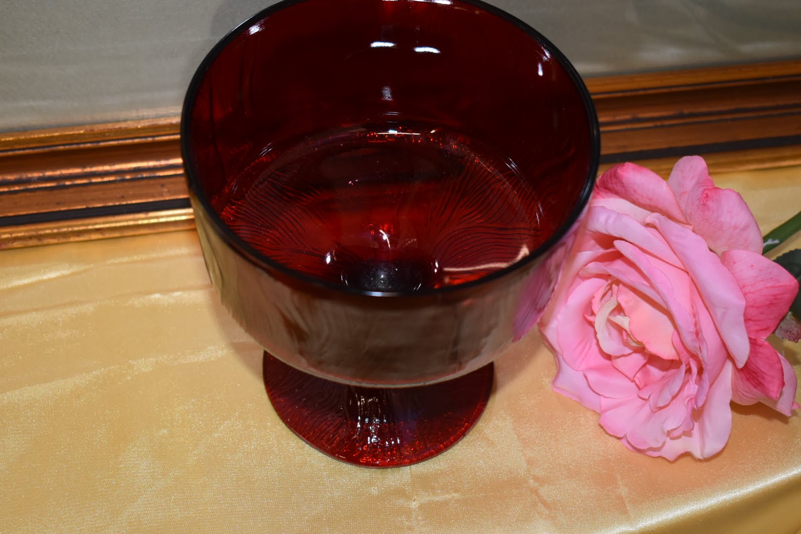 Crystal Glass Mid Century Bowl - Red Color With Etched Pattern - Home Decor