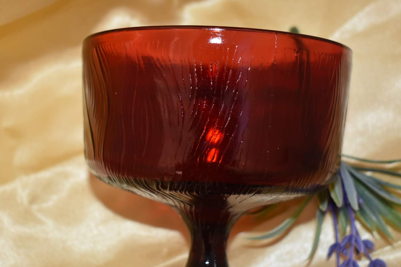 Crystal Glass Mid Century Bowl - Red Color With Etched Pattern - Home Decor