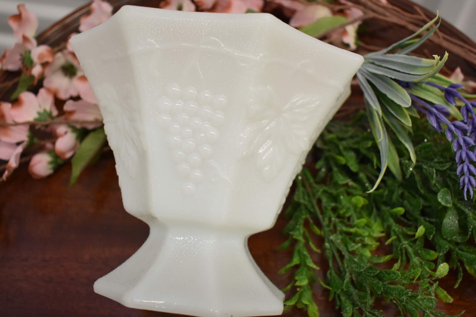 Porcelain Opaque Milk Glass - Grape Vine Emboss - Collectible - Pedestal Candy Bowl