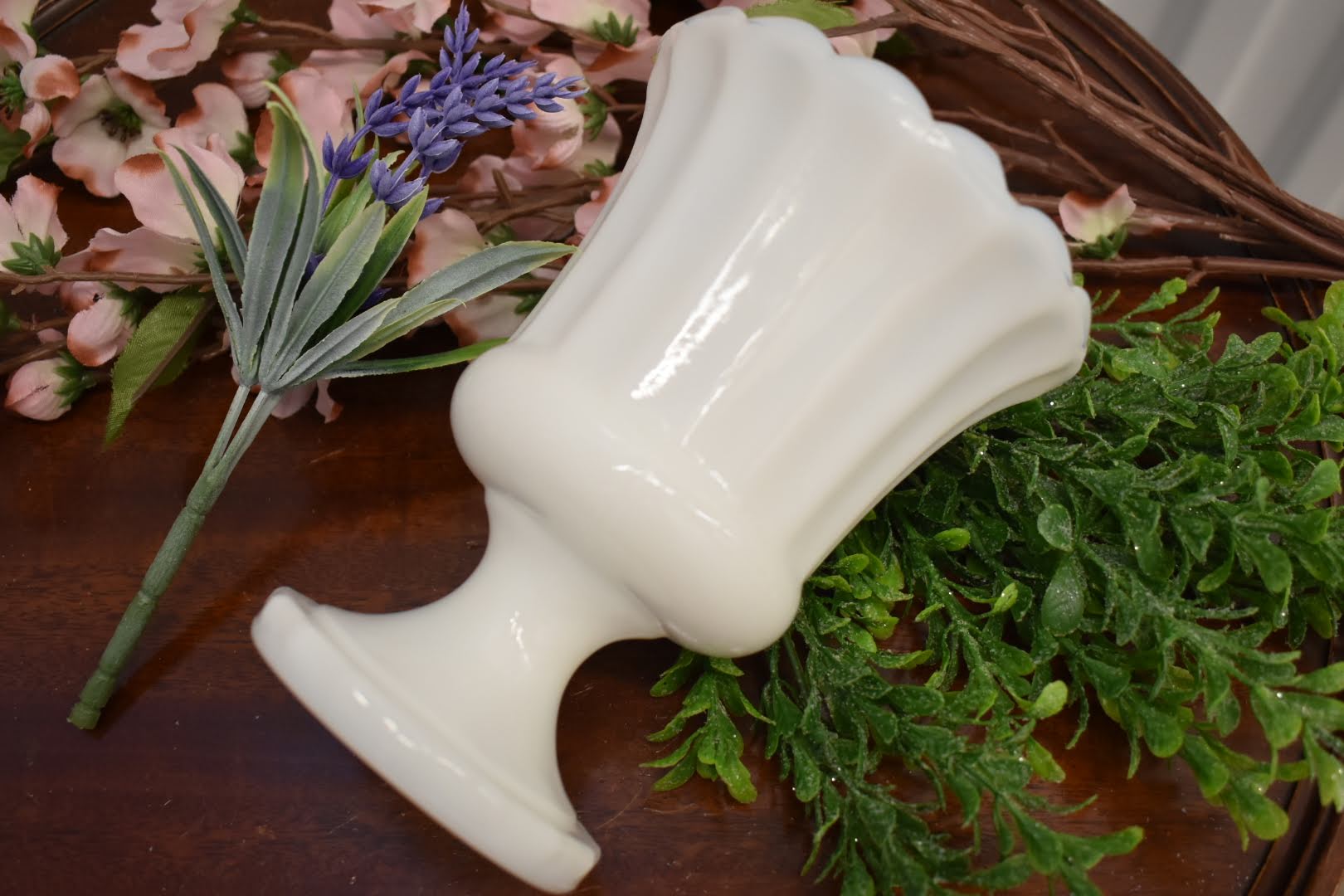 Porcelain Opaque Milk Glass - Collectible - Succulent plant Vase, Pedestal Chocolate Bowl- Stripped pattern