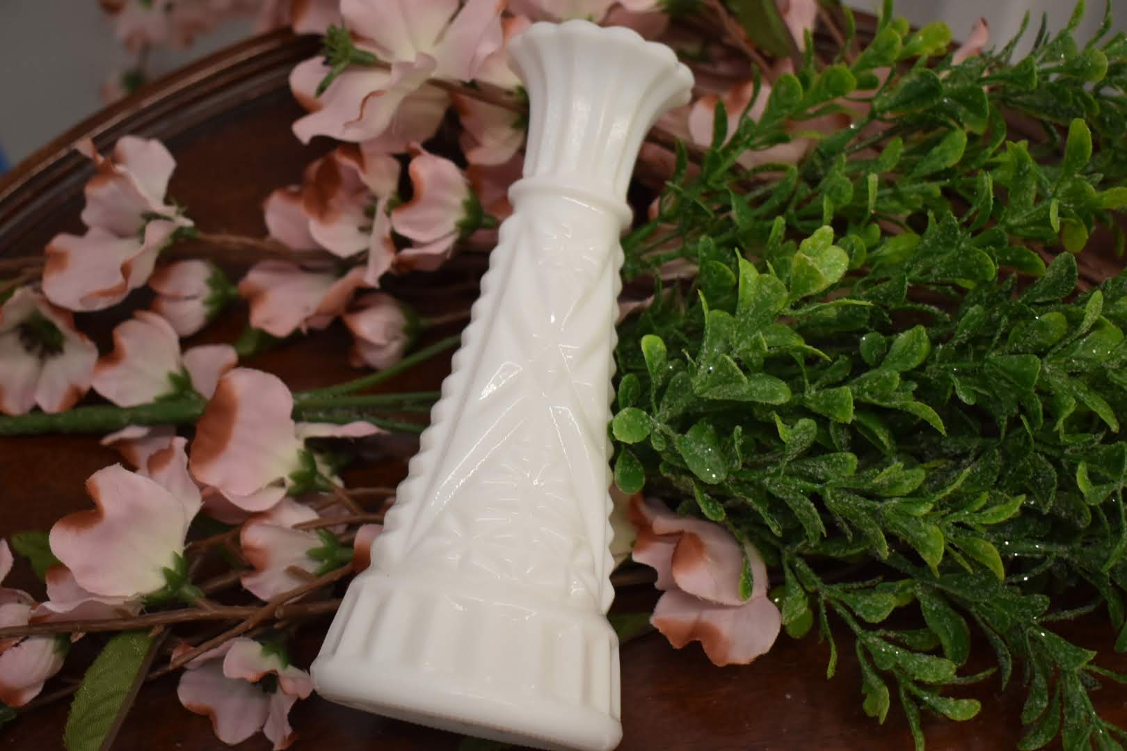 Porcelain Milk Glass - Collectible - Tall Vase - Floral pattern