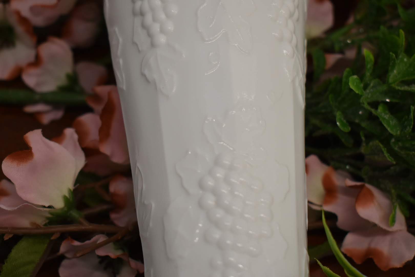 Porcelain Milk Glass - Collectible - Tall Vase - Grape Vine Emboss pattern