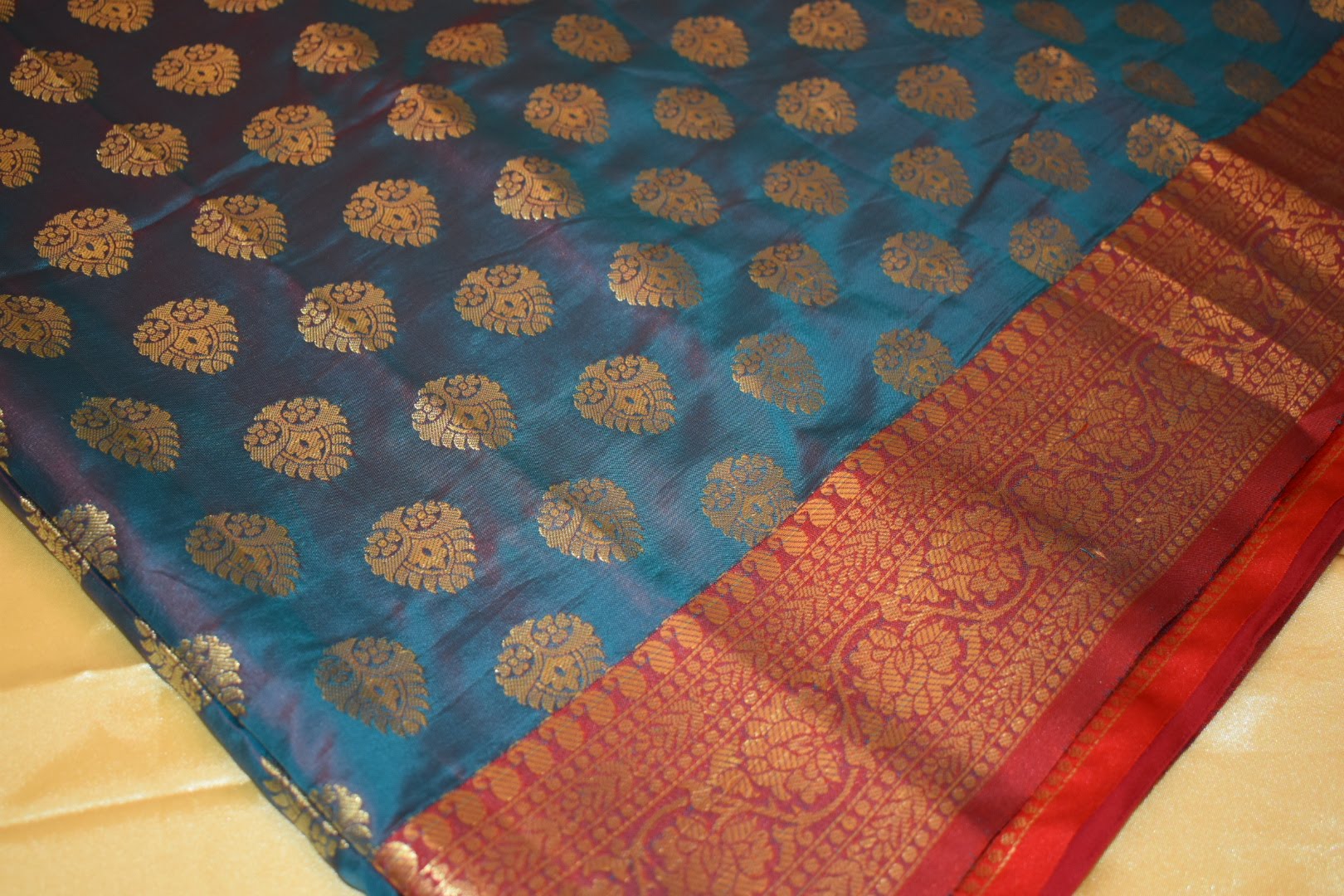 Silk Saree - Blue Color - Contrast Border And Pallu - Gold Zari And Silk Thread Floral Design