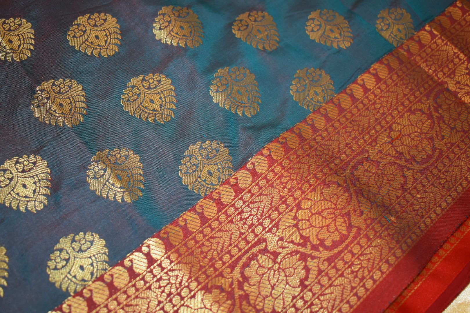 Silk Saree - Blue Color - Contrast Border And Pallu - Gold Zari And Silk Thread Floral Design