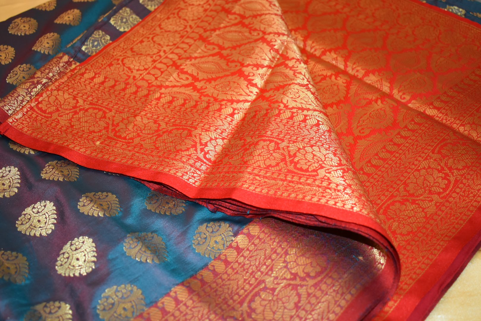 Silk Saree - Blue Color - Contrast Border And Pallu - Gold Zari And Silk Thread Floral Design