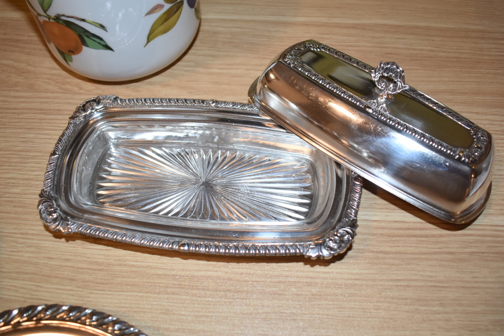 Silver Plated  Mid Century Butter Dish - Ornate Pattern - With Glass Dish