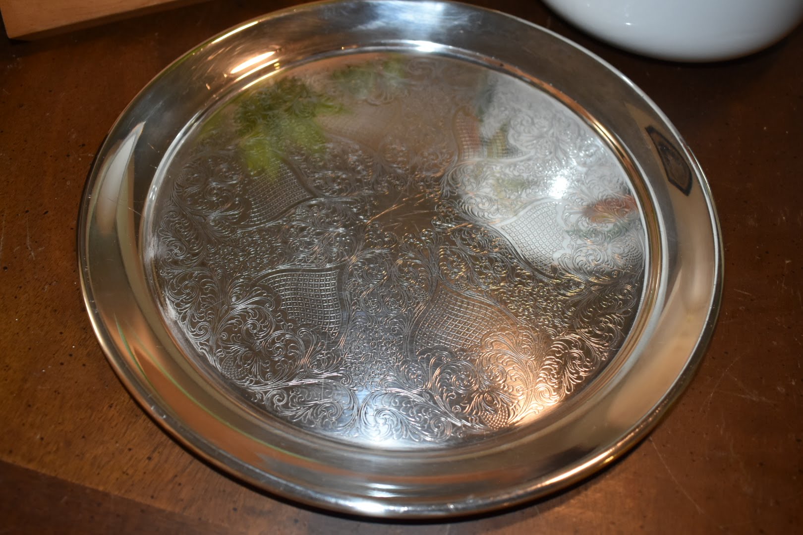 Silver Plated Mid Century Platter - Ornate Rim - Engraved Ornate Pattern Tray 15