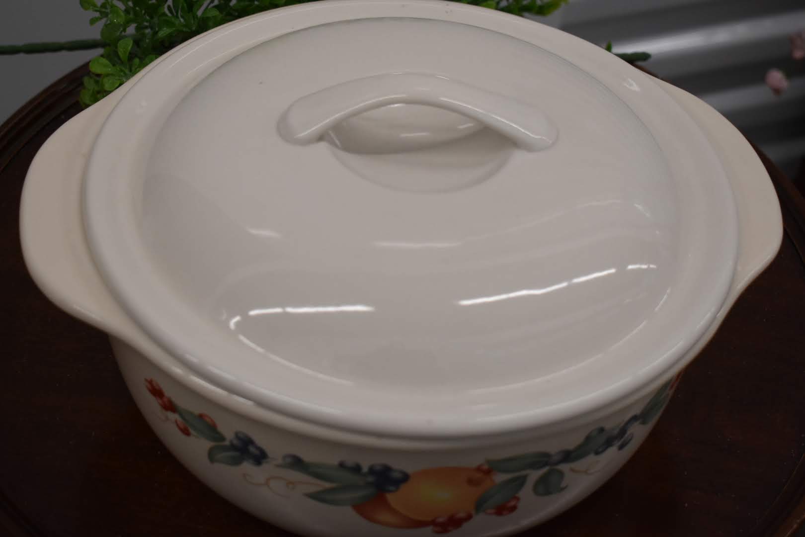 Yellow Tint Beige Color - Casserole  With Lid - Peach and Fruits Pattern