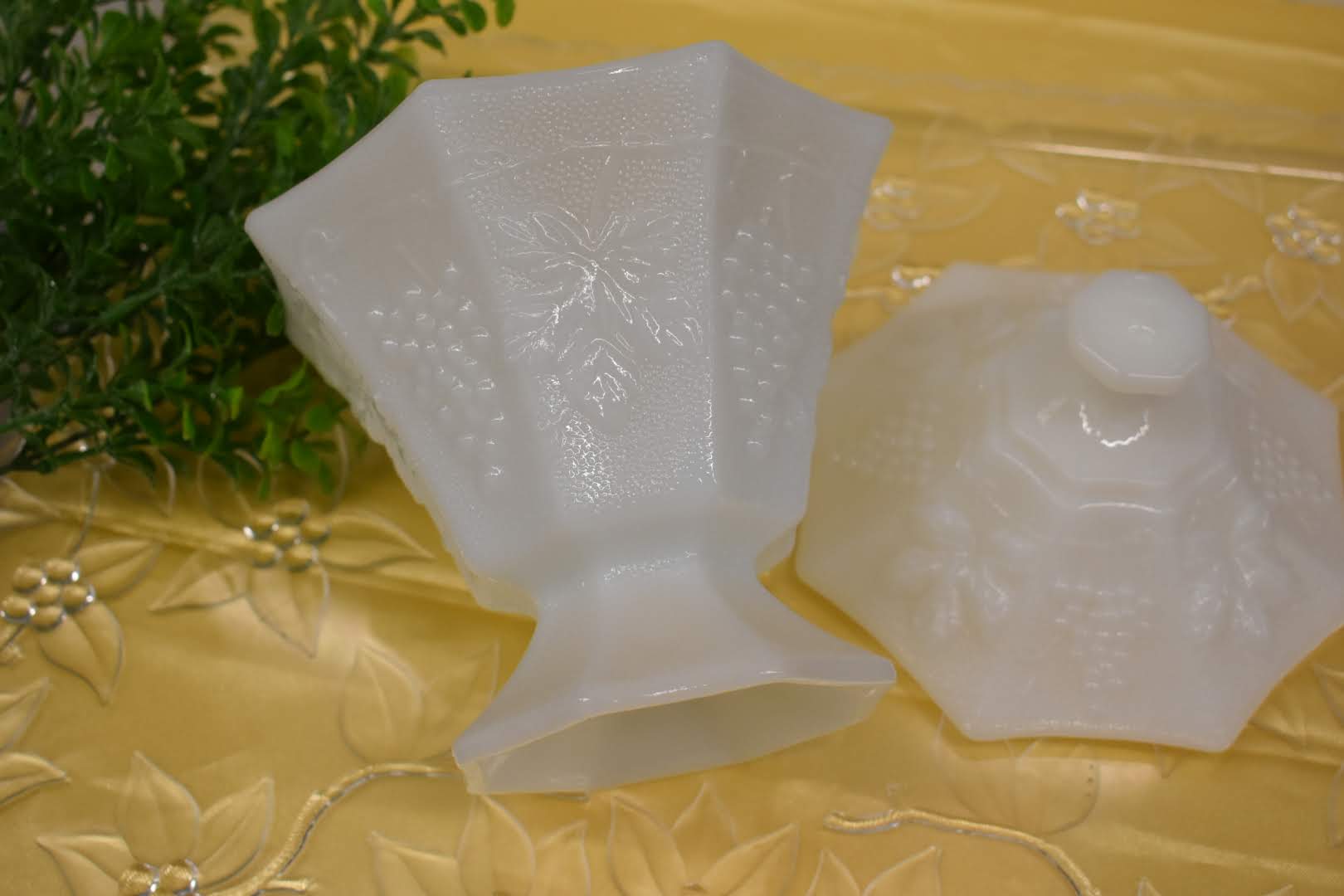 Porcelain Opaque Milk Glass - Grape Vine Emboss - Pedestal Bowl with Lid