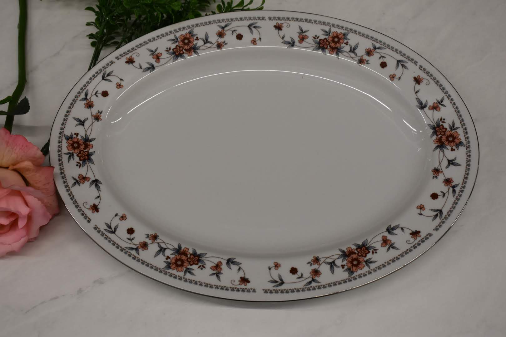 Sheffield Anniversary - Floral Pattern - Porcelain Fine China  - Platinum Rim - Oval Platter