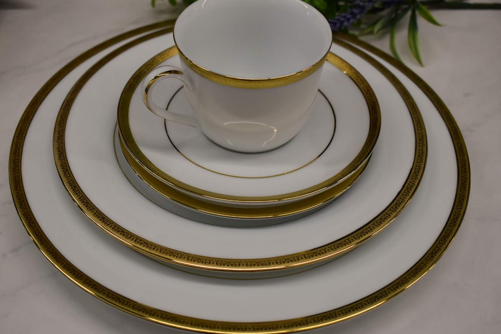 Golden Rim  Etched Design Gold Band - 5-Piece Dinner Set - 1 place setting - Fine Porcelain China - White Color