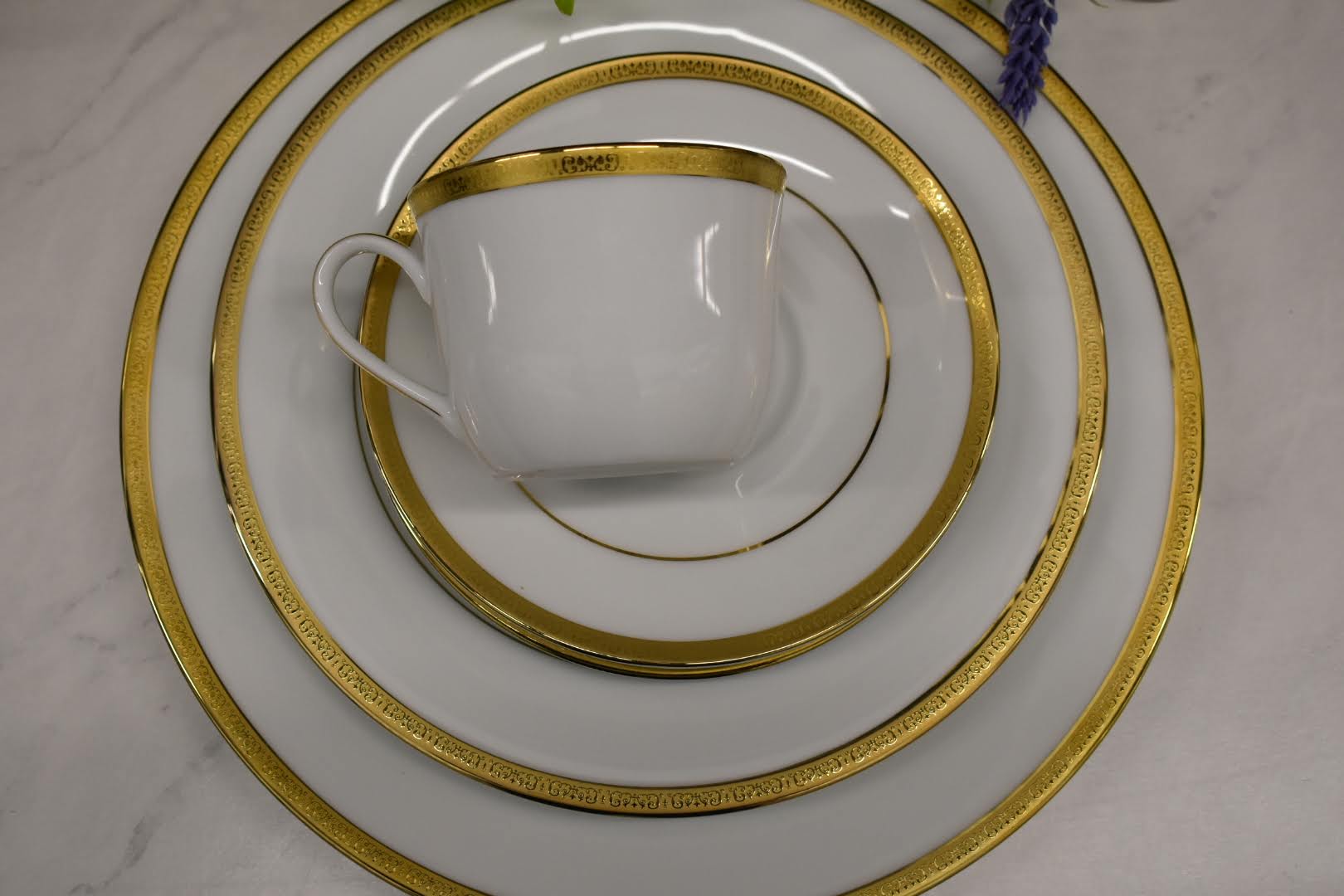 Golden Rim  Etched Design Gold Band - 5-Piece Dinner Set - 1 place setting - Fine Porcelain China - White Color