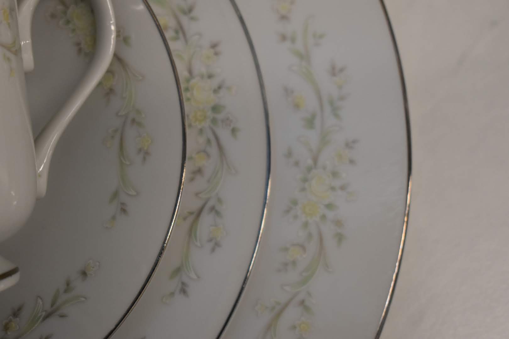 Four Crown China - Porcelain Fine China - Pastel Color - 4 Piece Dinnerware Set - Platinum Rim