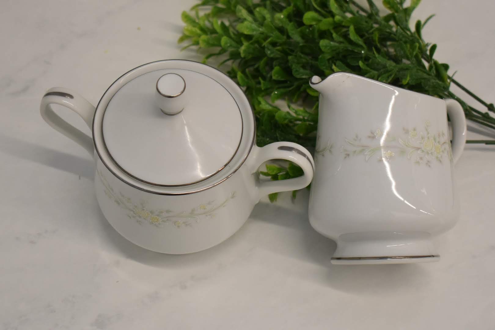 Four Crown China - Porcelain Fine China - Pastel Color - Sugar Bowl and Creamer - Platinum Rim