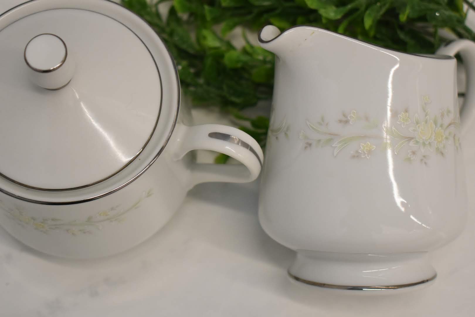Four Crown China - Porcelain Fine China - Pastel Color - Sugar Bowl and Creamer - Platinum Rim