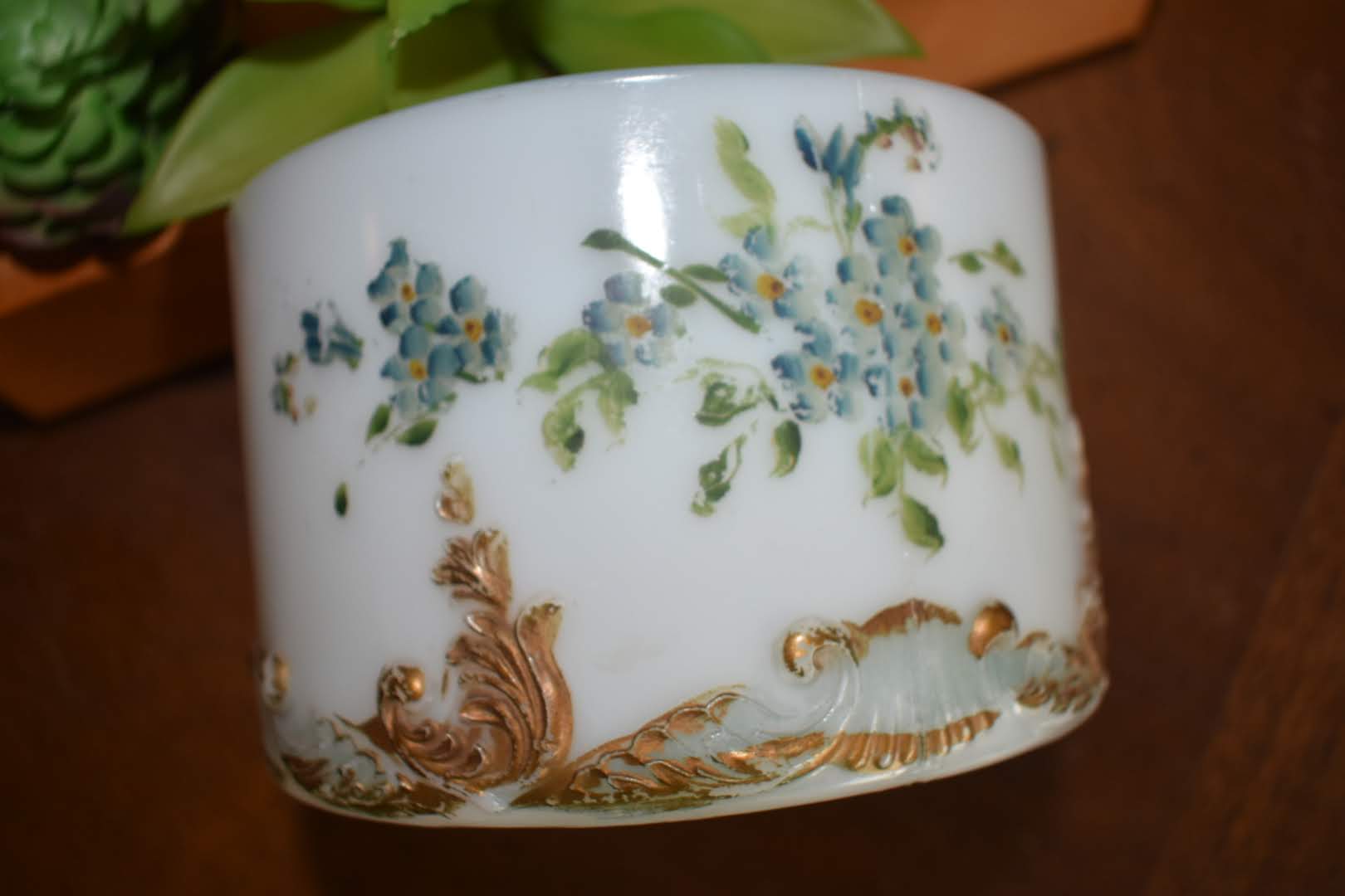 Porcelain Opaque Milk Glass - Hain painted - Embossed Bowl - Candle Holder, Vase, Décor Bowl