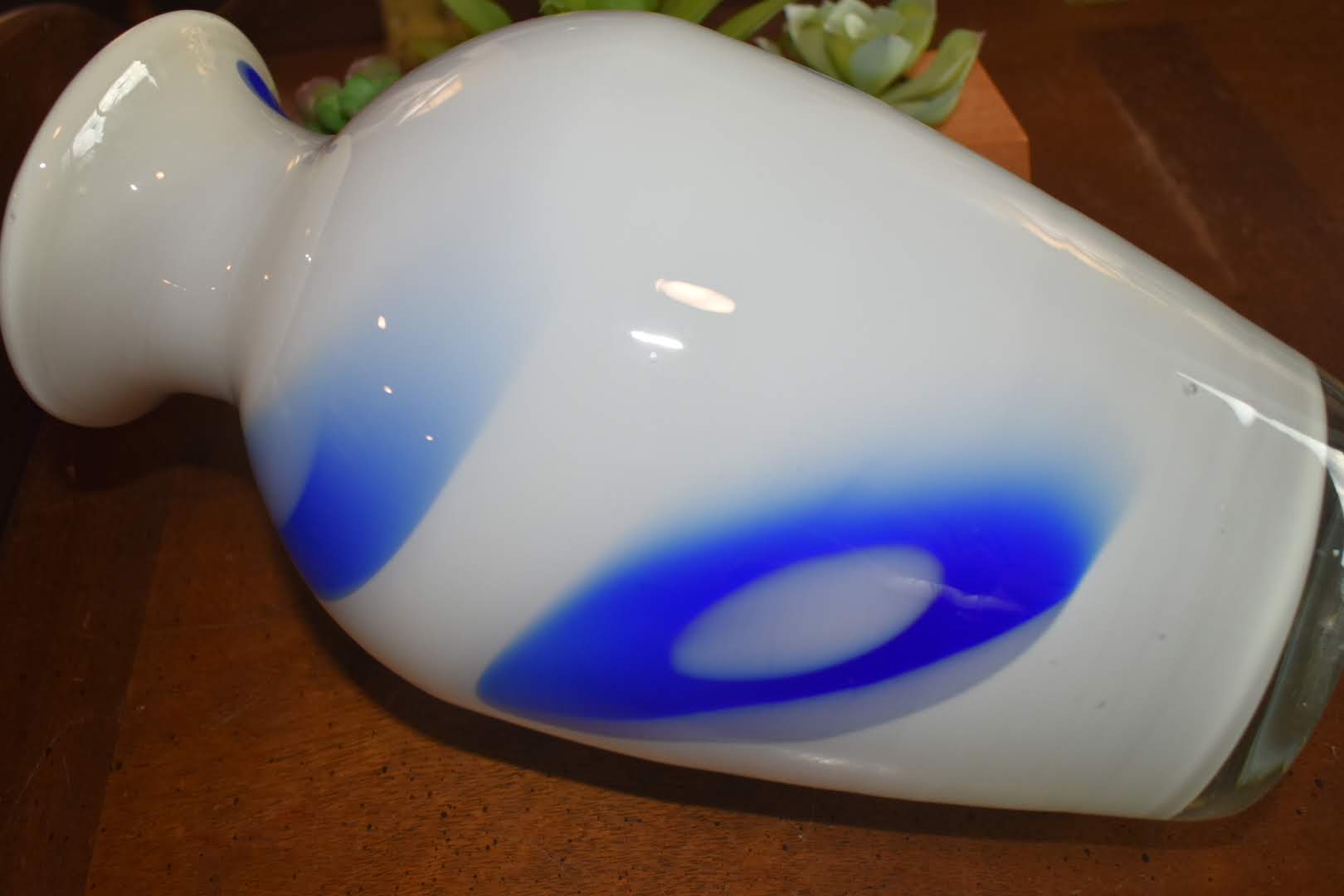 Blown Opaque Glass - White and blue color - Vase Decor - Mid Century