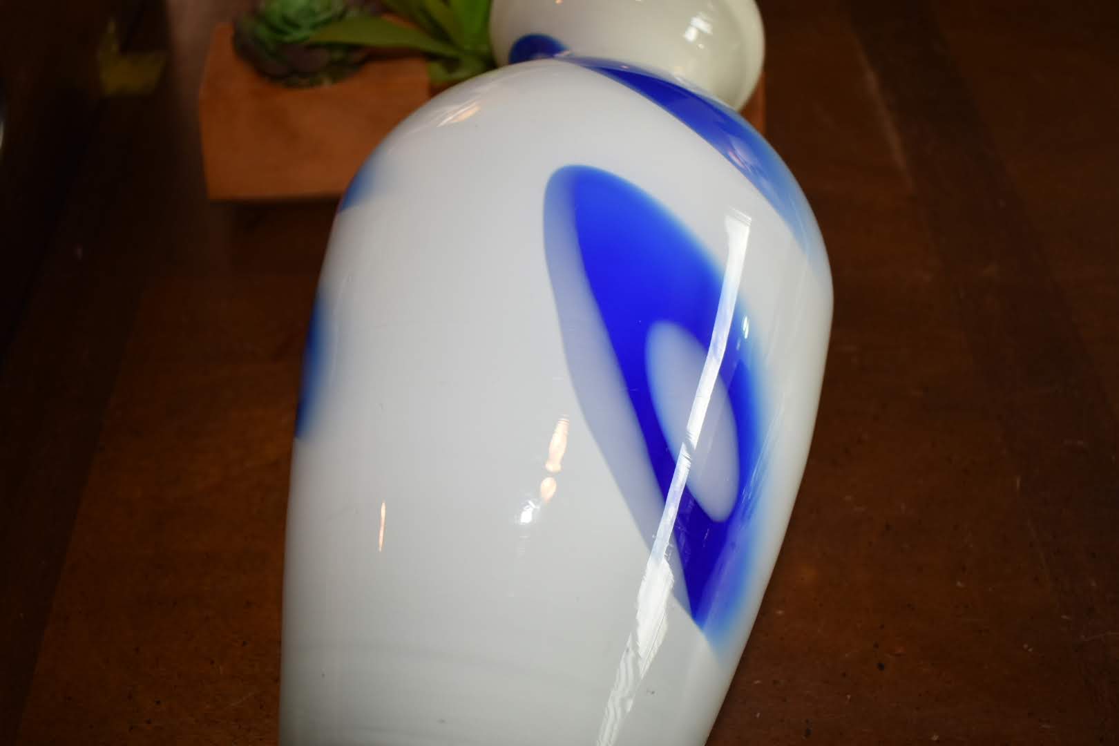 Blown Opaque Glass - White and blue color - Vase Decor - Mid Century
