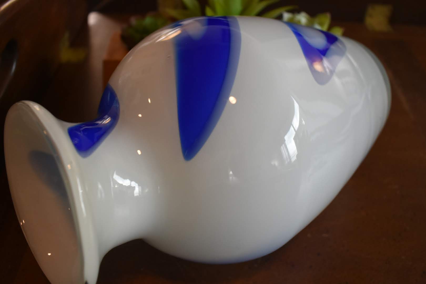 Vintage Blown Opaque Glass - White and blue color - Vase Decor - Mid Century