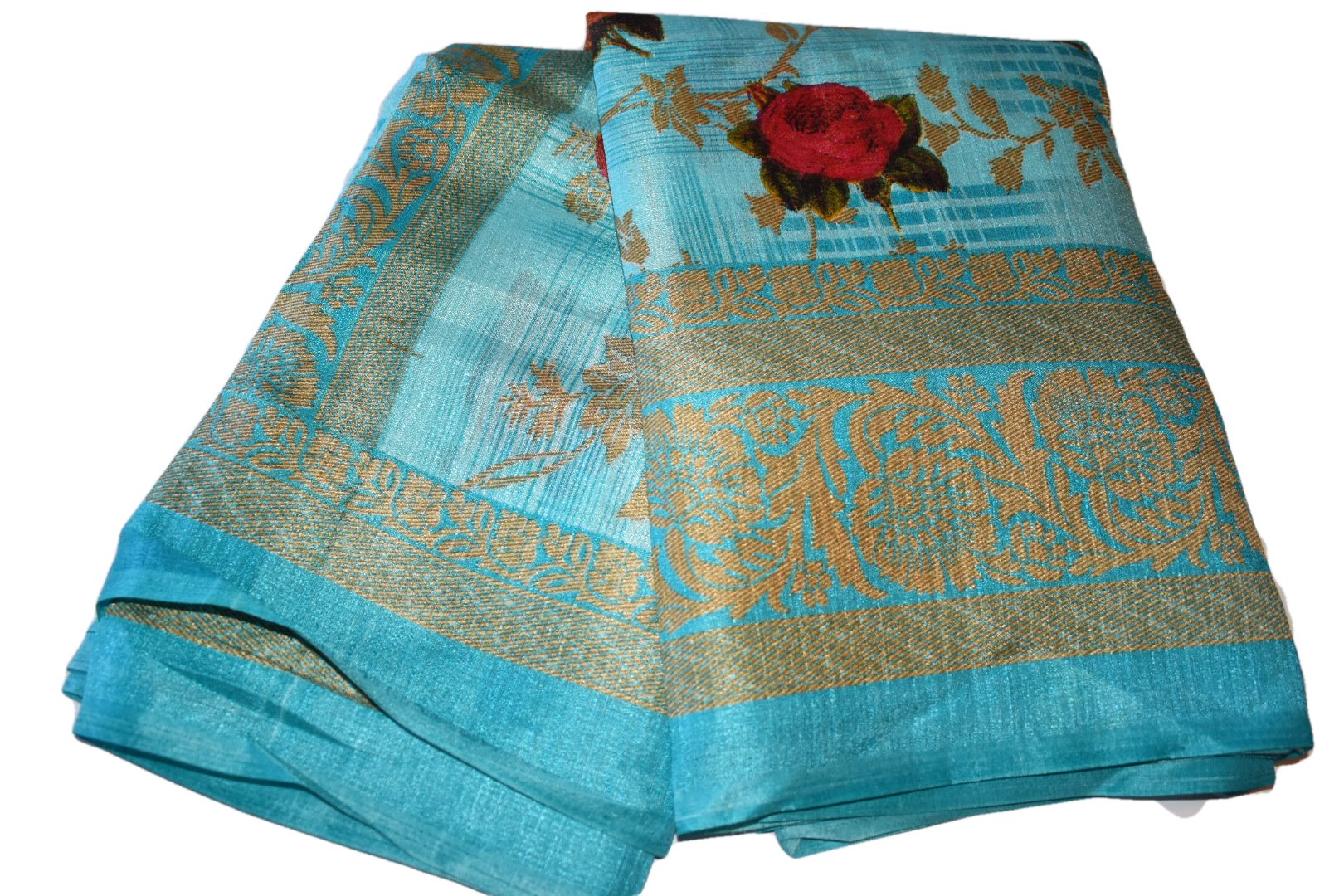 Blue Gold Color - Art Silk Saree - Printed Pattern