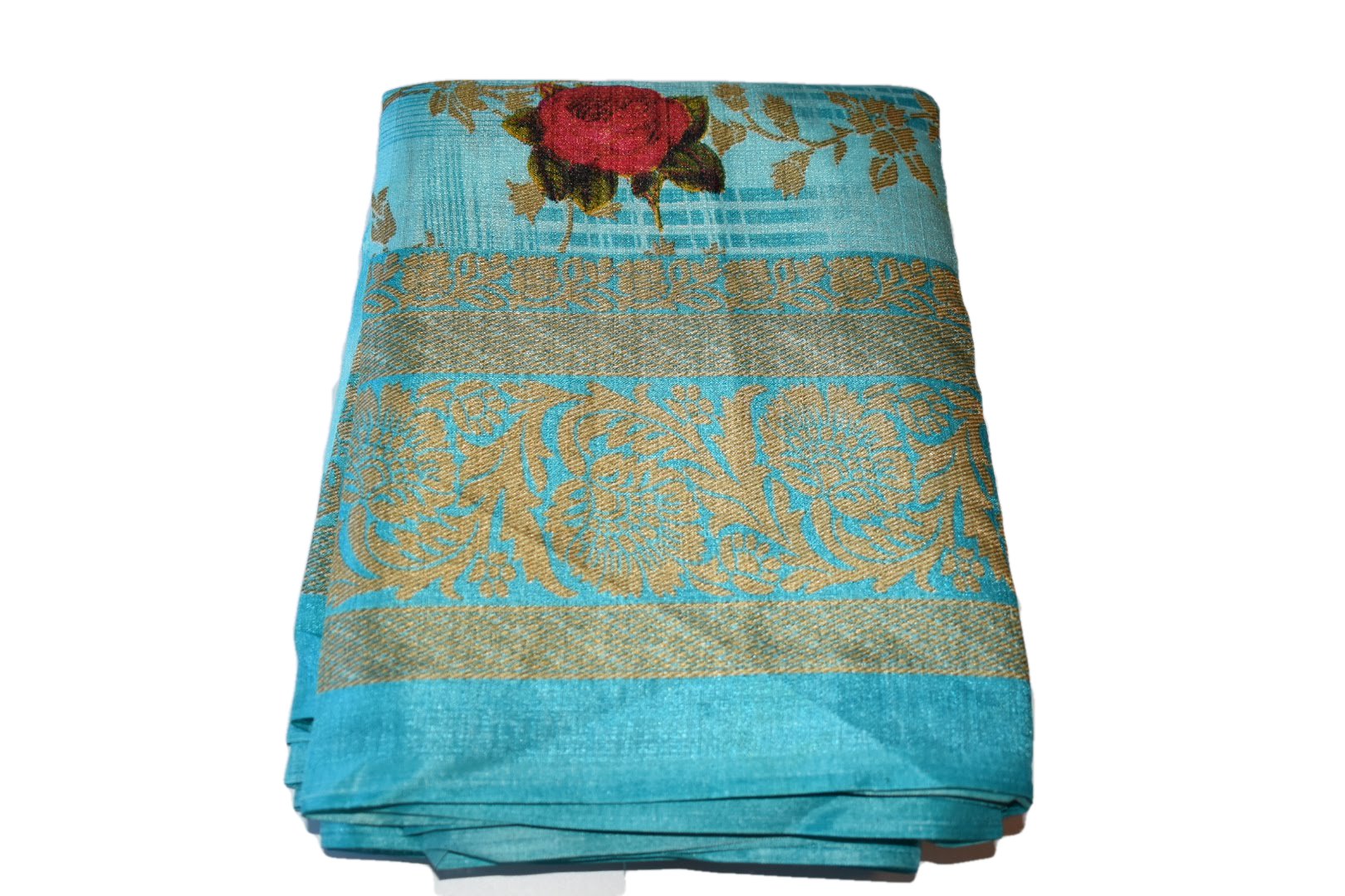 Blue Gold Color - Art Silk Saree - Printed Pattern