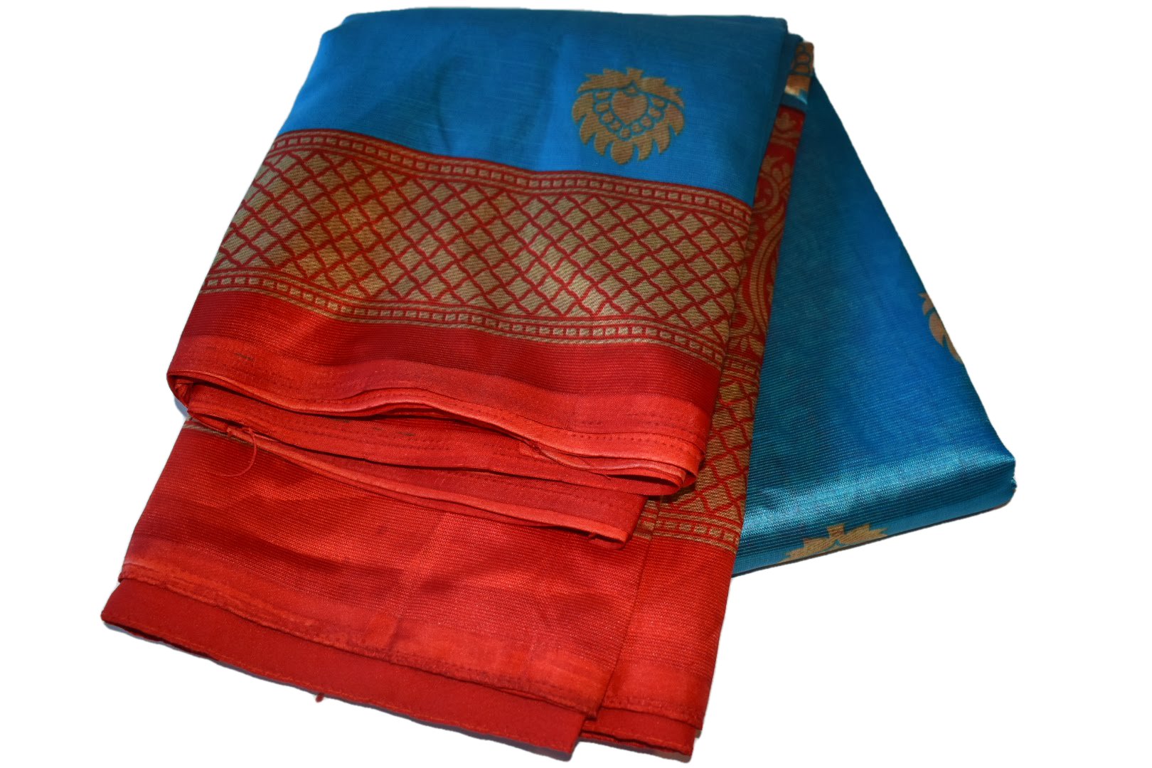 Blue Red Color - Art Silk Saree - Printed Pattern - Contrast Border