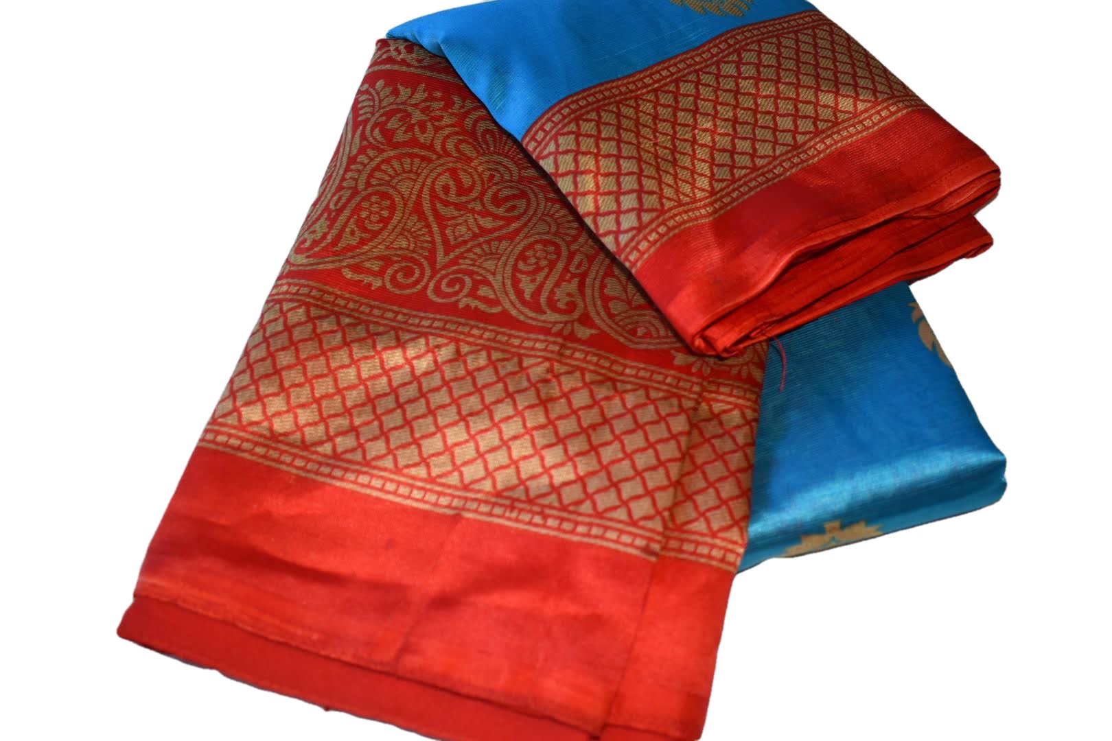 Blue Red Color - Art Silk Saree - Printed Pattern - Contrast Border