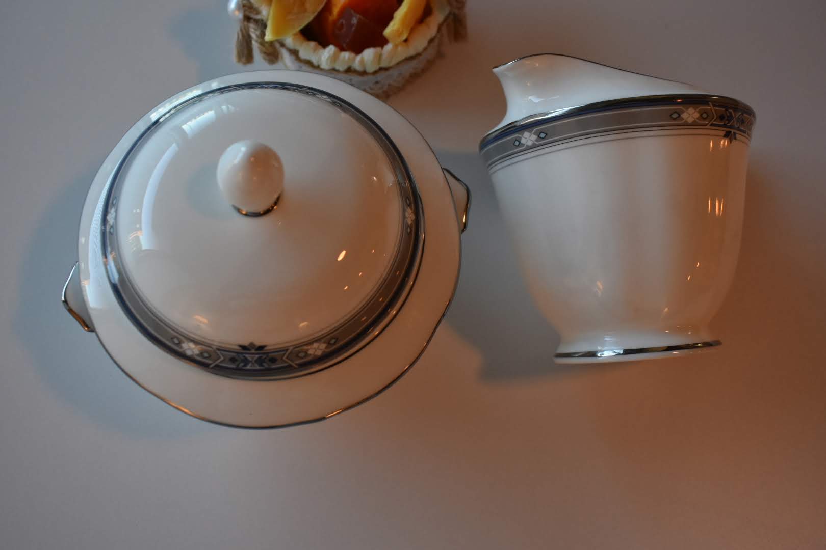 Mikasa - Porcelain Fine China - Blue and Platinum Trim - Sugar Bowl and Creamer Bowl