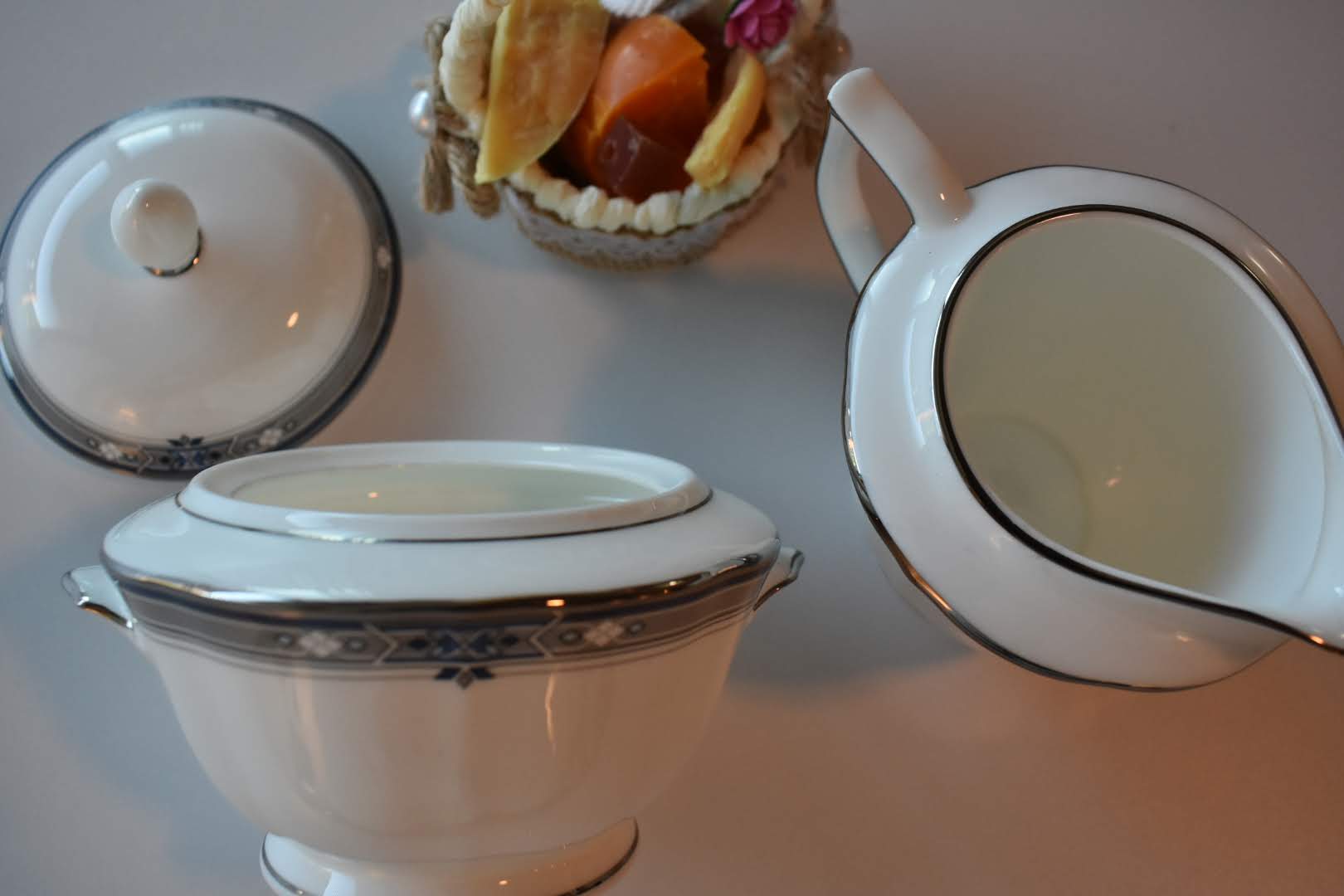 Mikasa - Porcelain Fine China - Blue and Platinum Trim - Sugar Bowl and Creamer Bowl