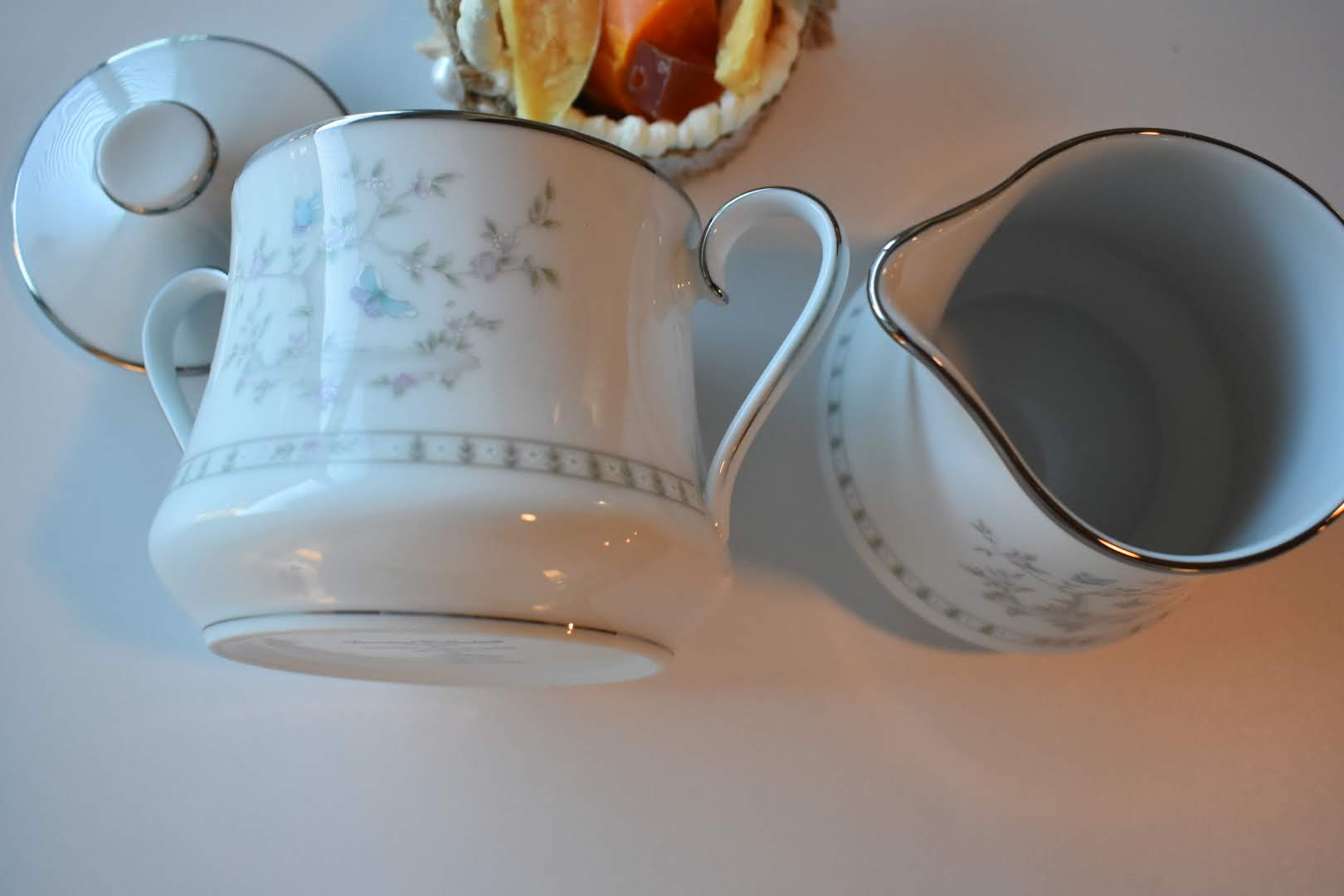 Lenox - Porcelain Fine China - Floral Pattern Platinum Trim - Sugar Bowl and Creamer Bowl