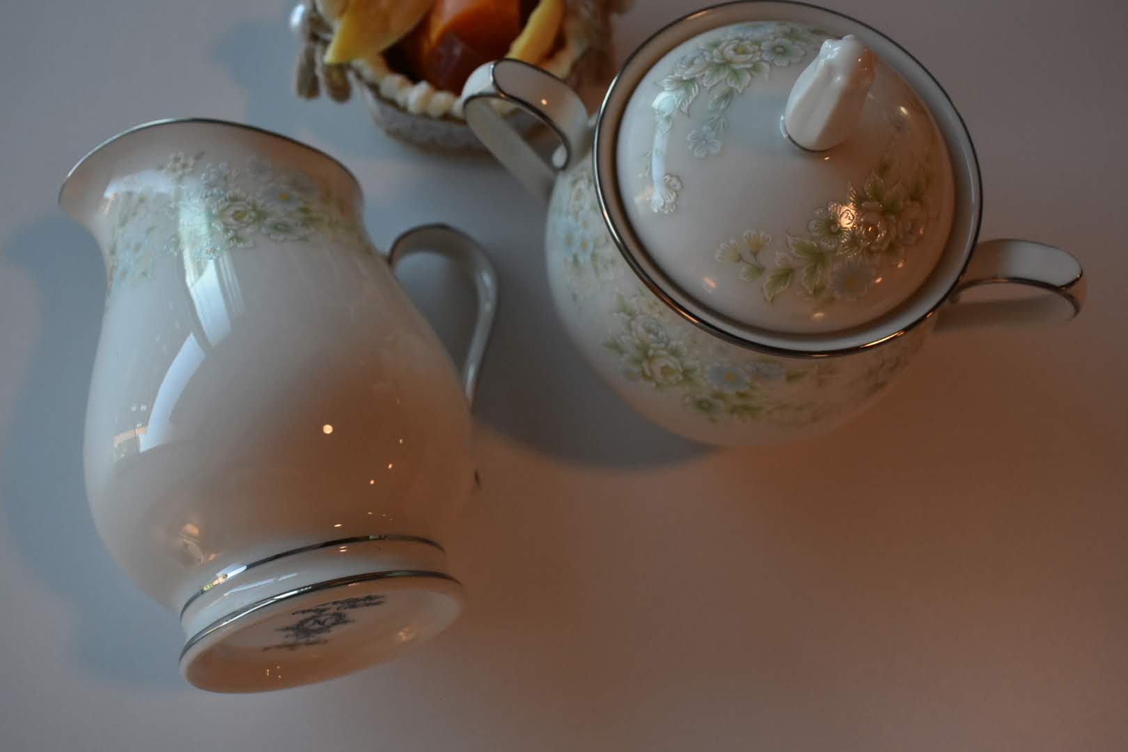 Noritake - Porcelain Fine China - Floral Pattern Platinum Trim - Sugar Bowl and Creamer Bowl