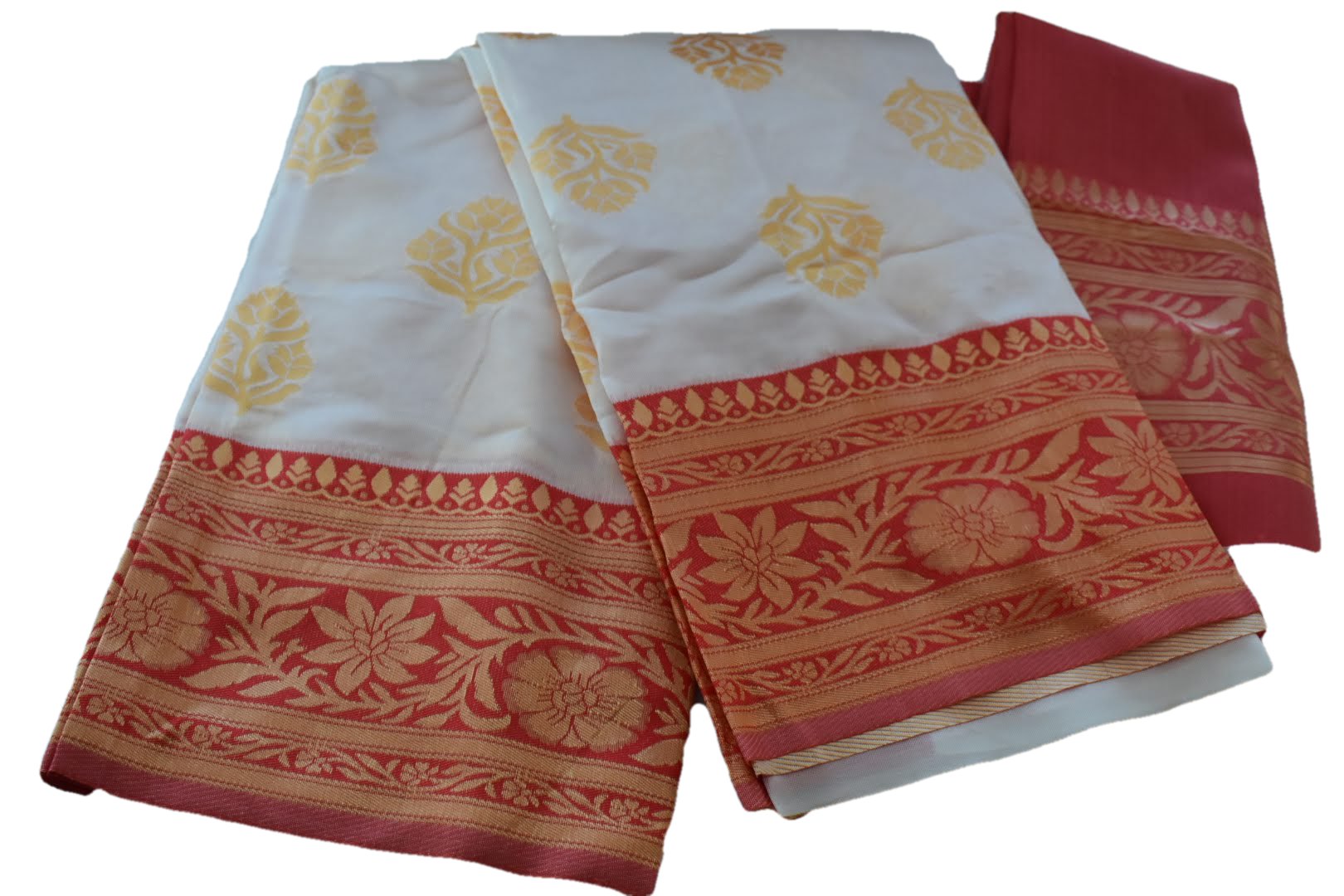 White Red Color- Soft Silk Blend Saree - Contrast Red Border - Yellow thread Floral Design