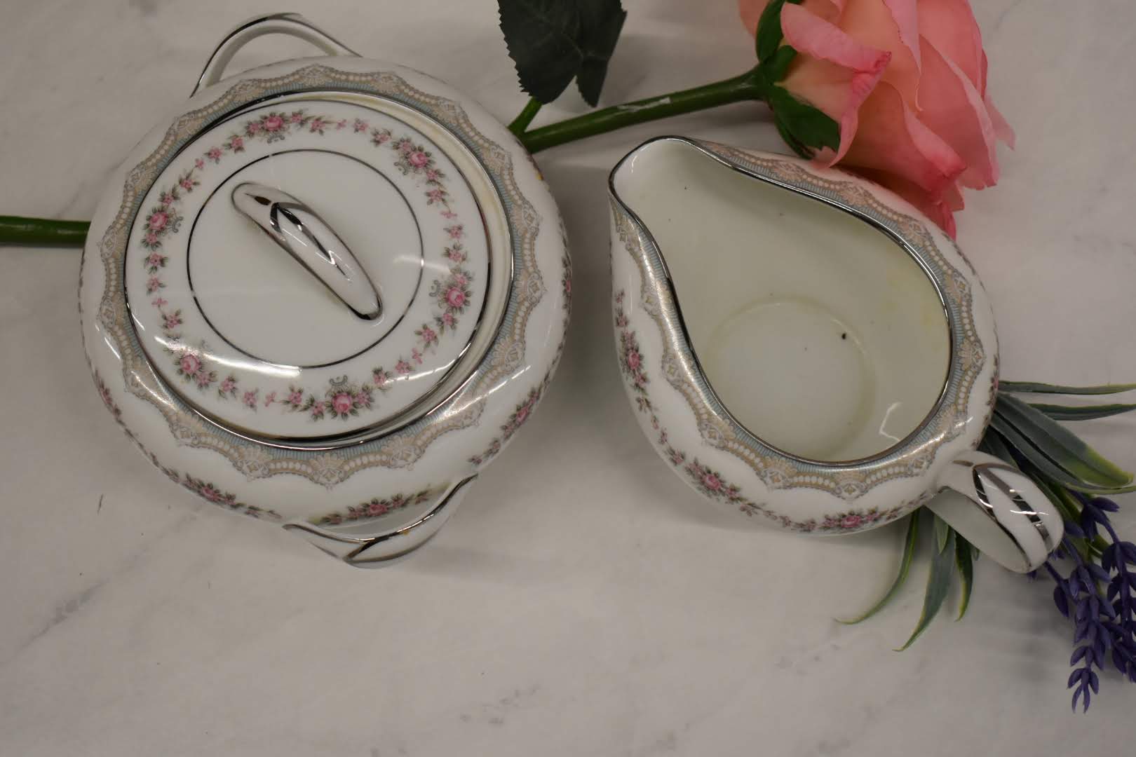 Noritake Glenwood - Fine Porcelain China - Platinum Rim - 5770 pattern - Sugar Bowl and Creamer