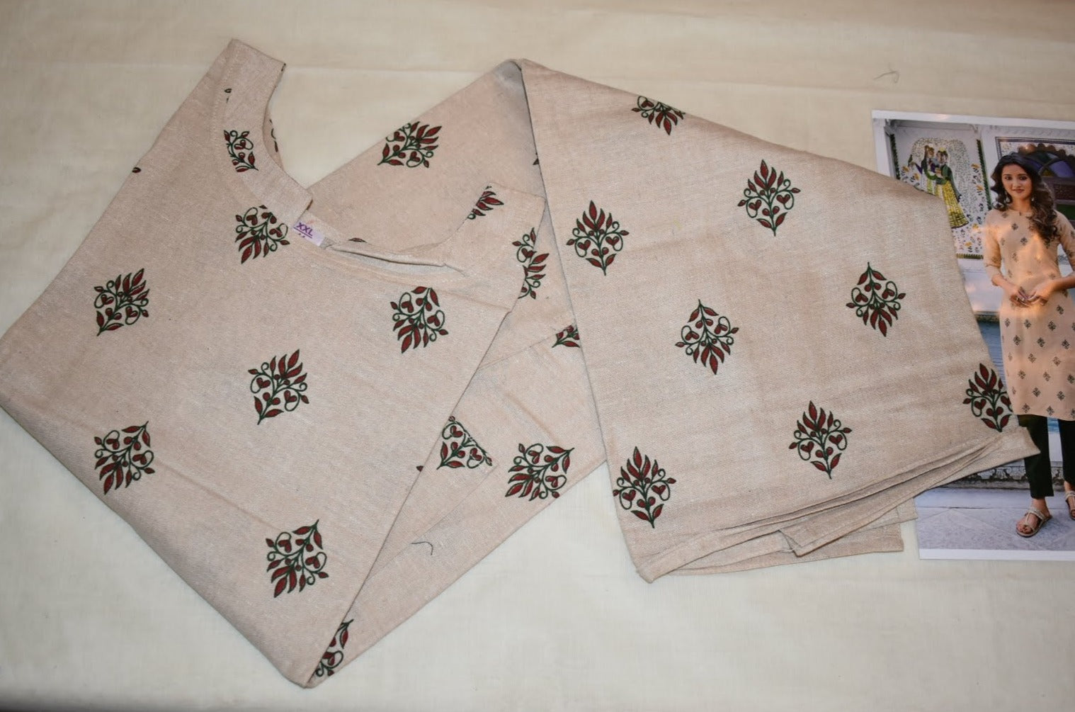 Cotton Printed Tunic Kurti - Straight Style - Knee Length - Cream Color - Large