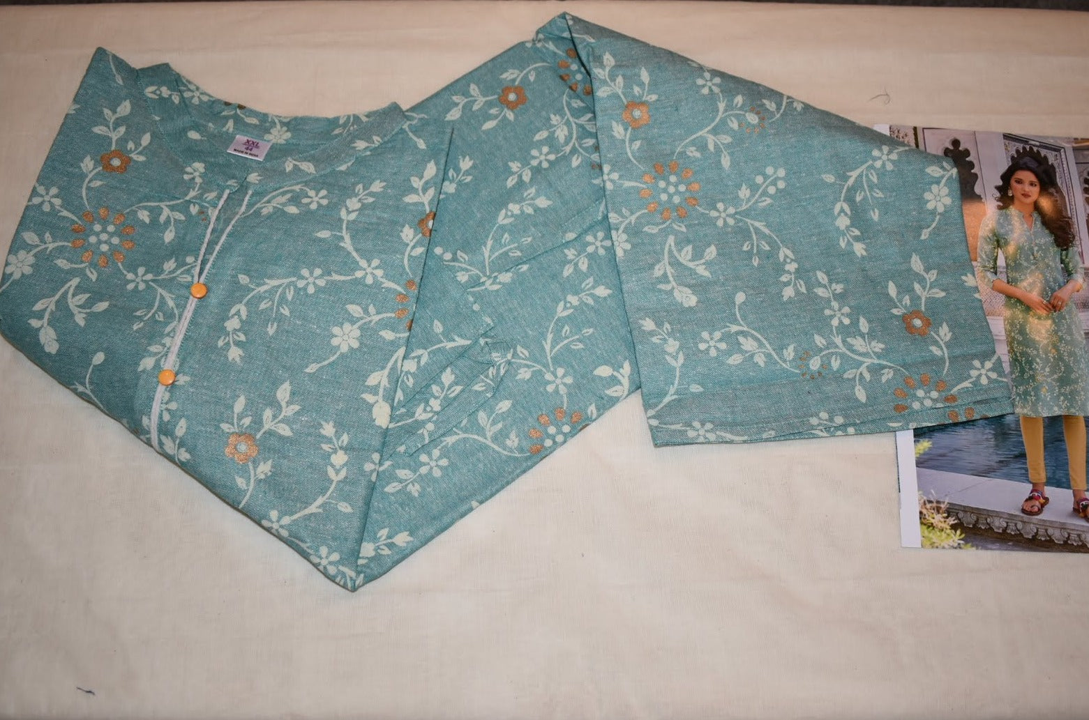 Cotton Printed Tunic Kurti - Straight Style - Knee Length - Light Greenish Blue Color  Large