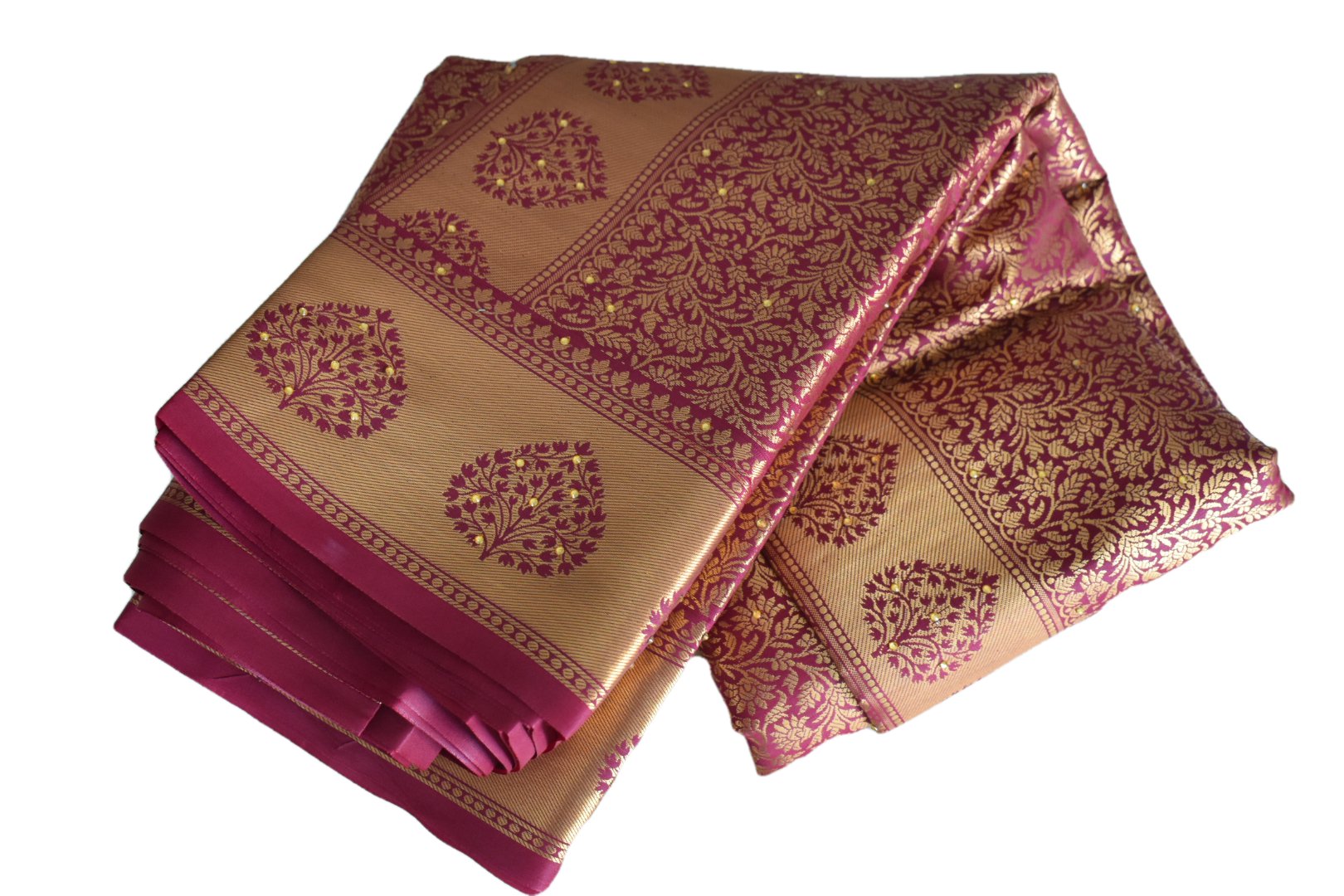 Maroon Color - Silk Saree, Gold Zari Floral Design with Minakari stick-on