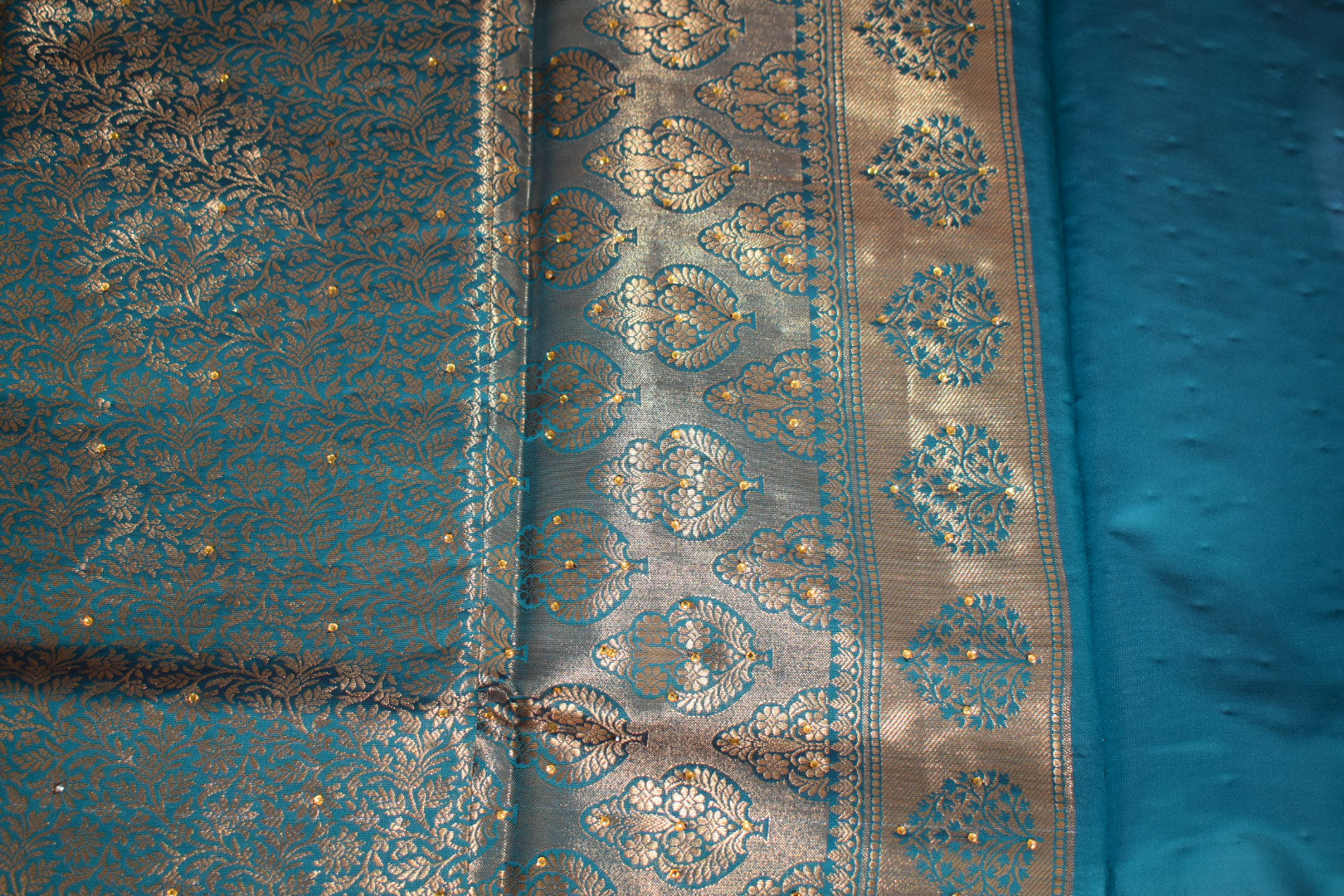 Greenish Blue Color - Silk Saree, Full Gold Zari Floral Design with Minakari stick-on