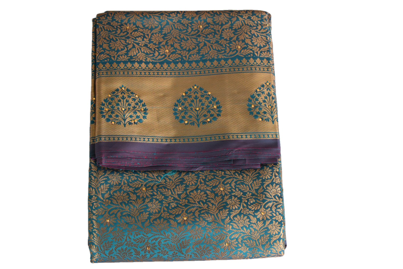 Greenish Blue Color - Silk Saree, Full Gold Zari Floral Design with Minakari stick-on
