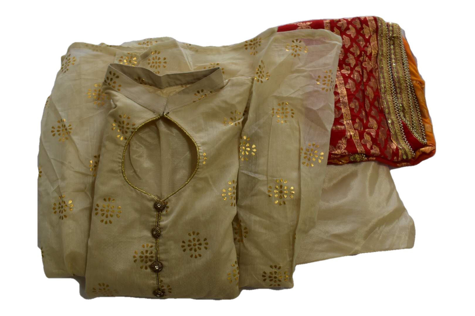 Ivory Color - Gold Block Emboss Print - Pure Chandheri Silk - Anarkali Kurti Kameez Set - Silk Blend Bhandhani Dupatta